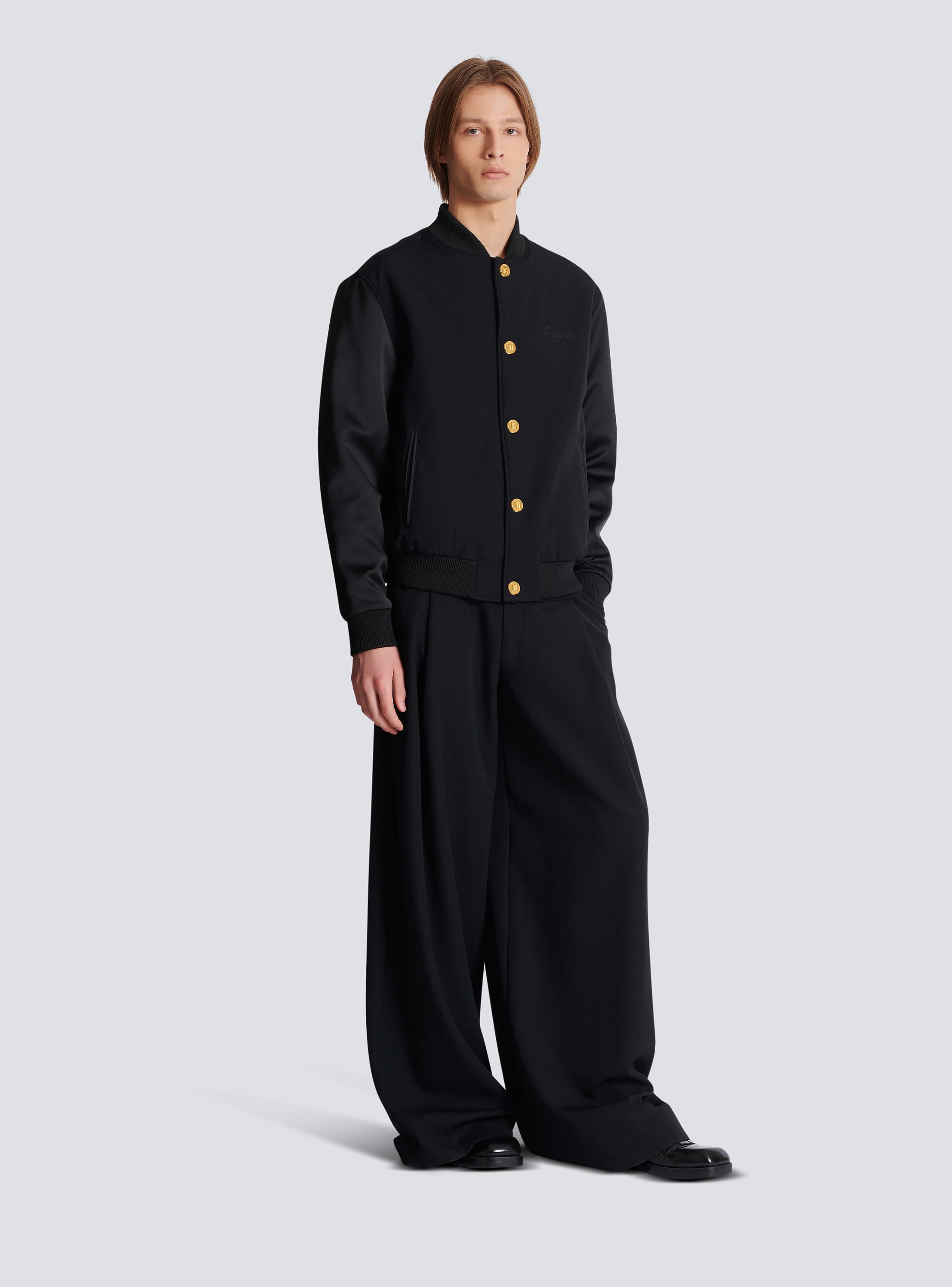 Varsity jacket in grain de poudre wool and satin