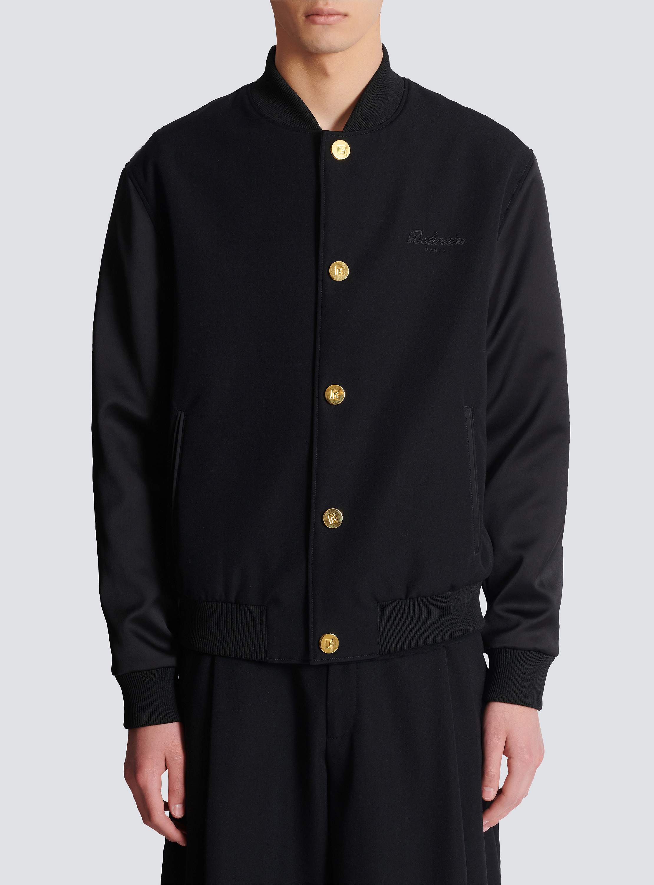 Varsity jacket in grain de poudre wool and satin