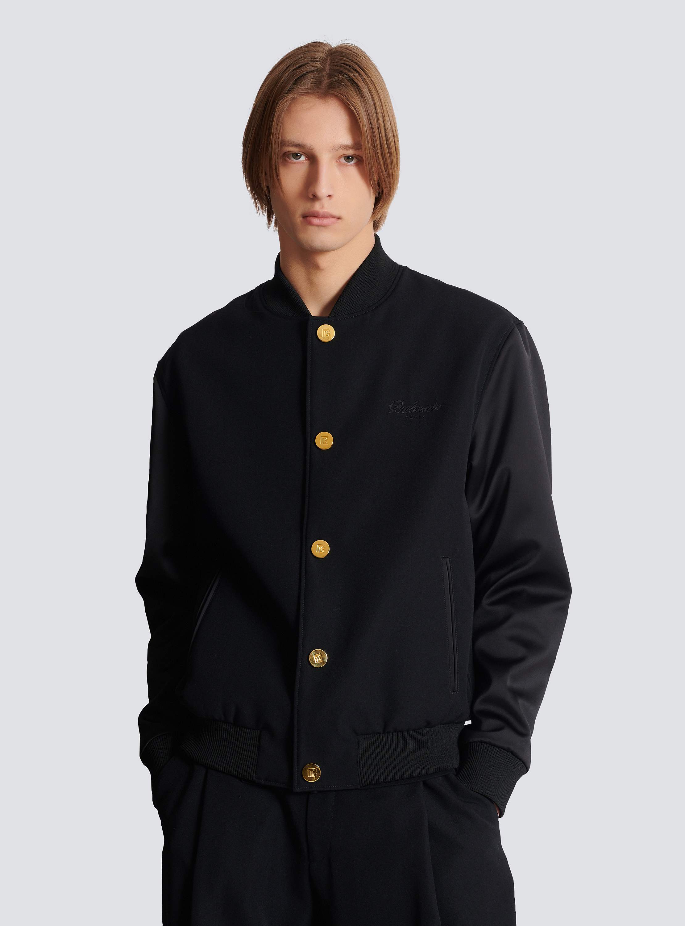 Varsity jacket in grain de poudre wool and satin