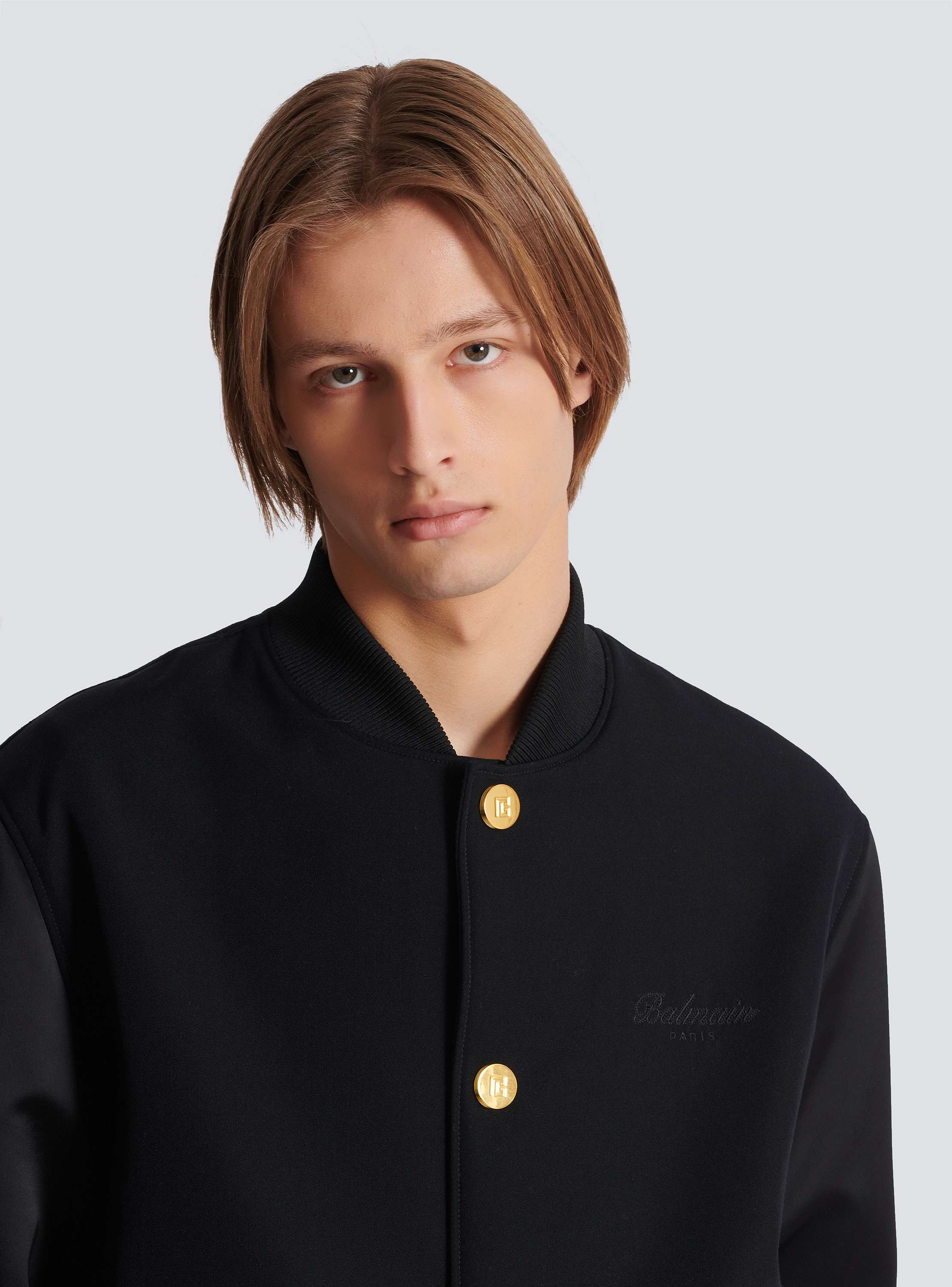 Varsity jacket in grain de poudre wool and satin