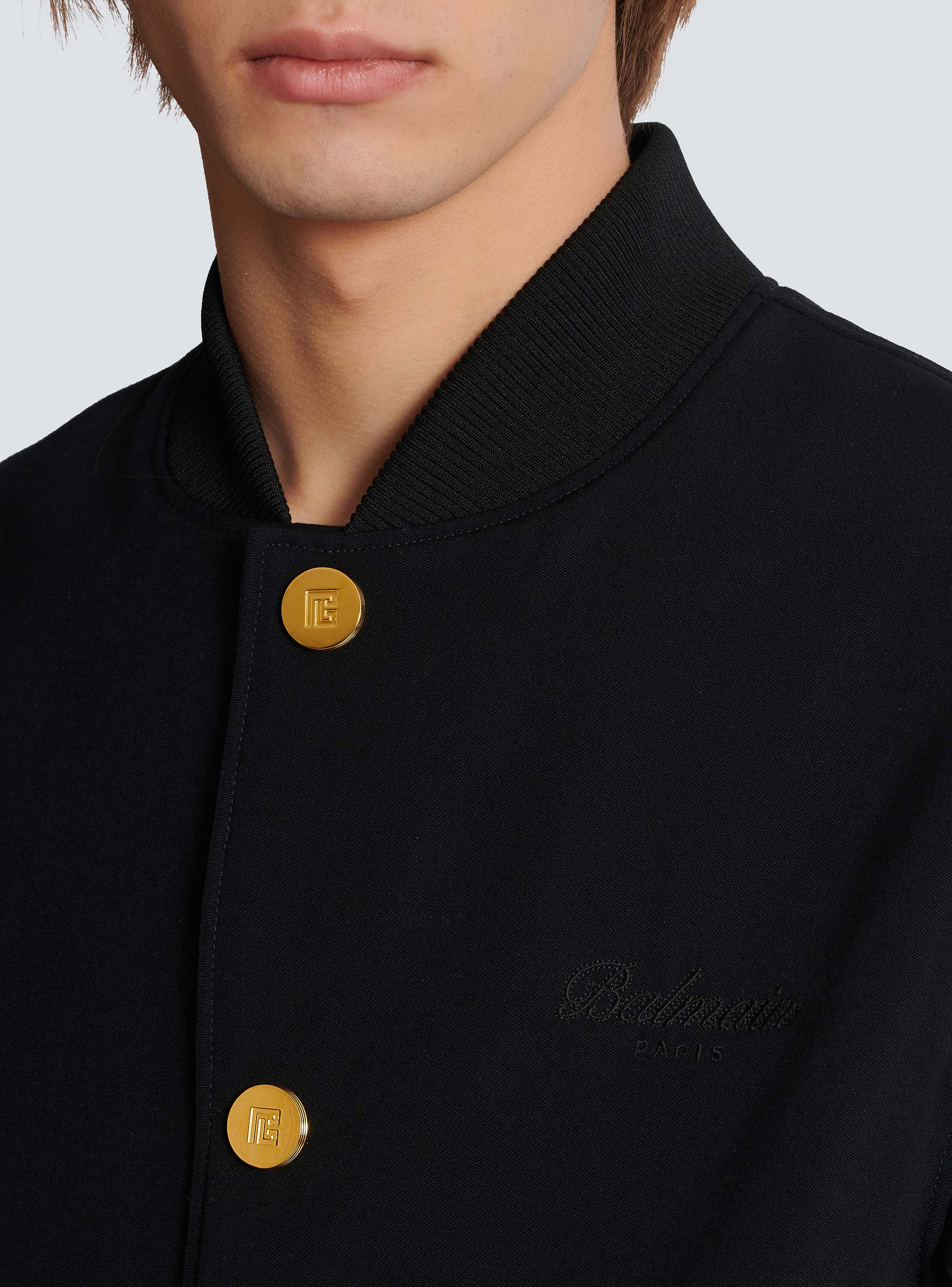 Varsity jacket in grain de poudre wool and satin