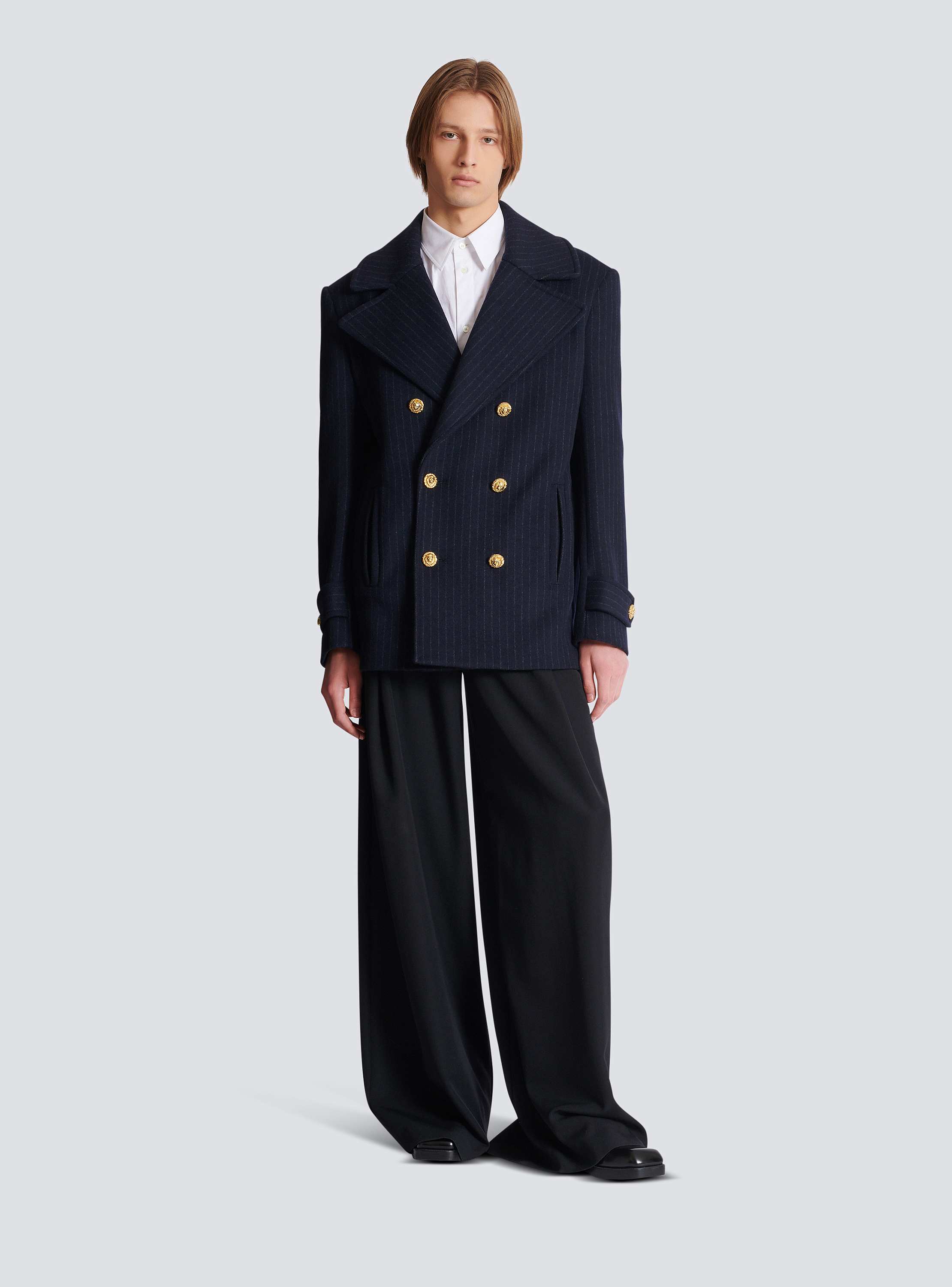 Short striped wool pea coat