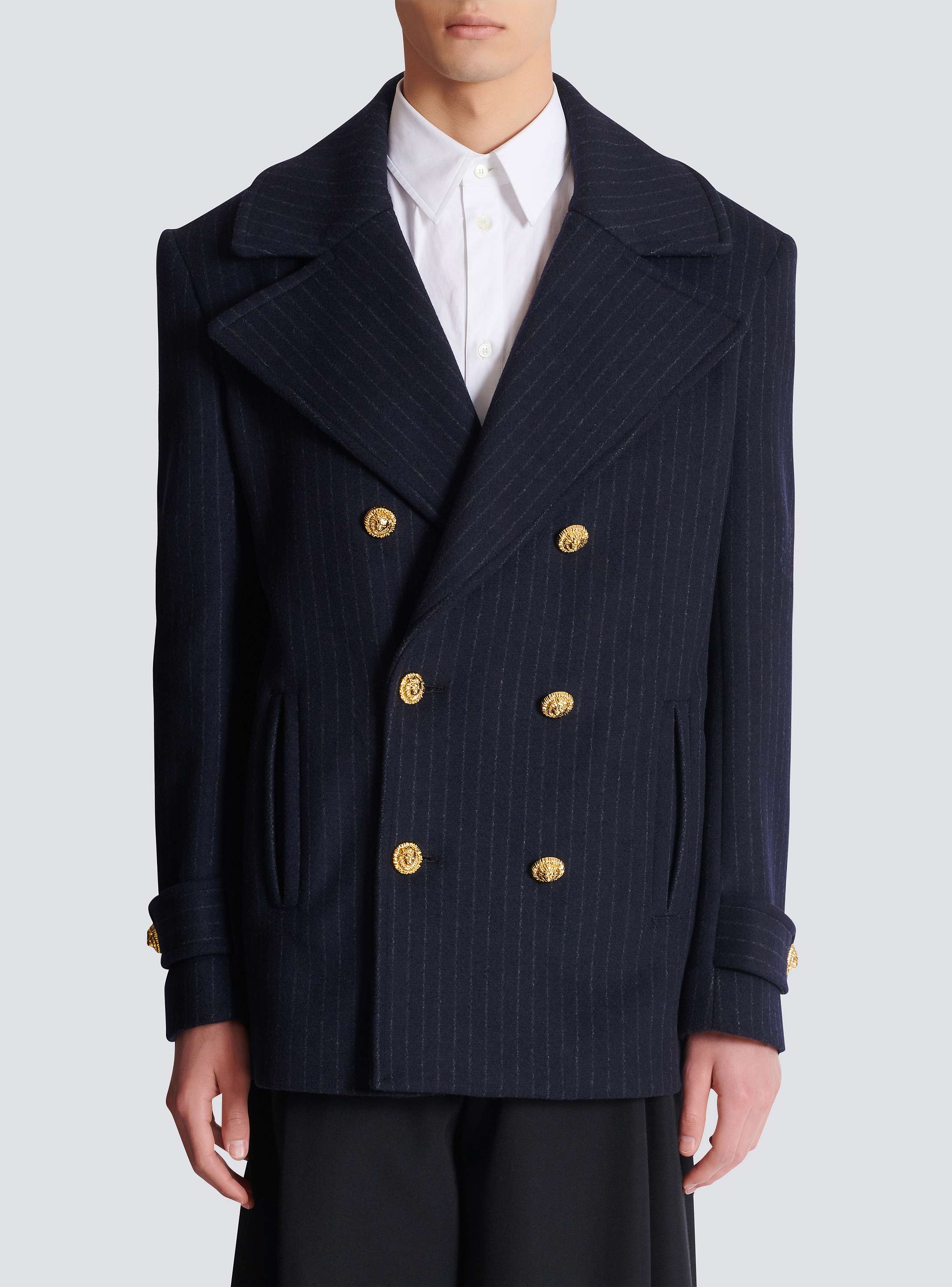 Short striped wool pea coat