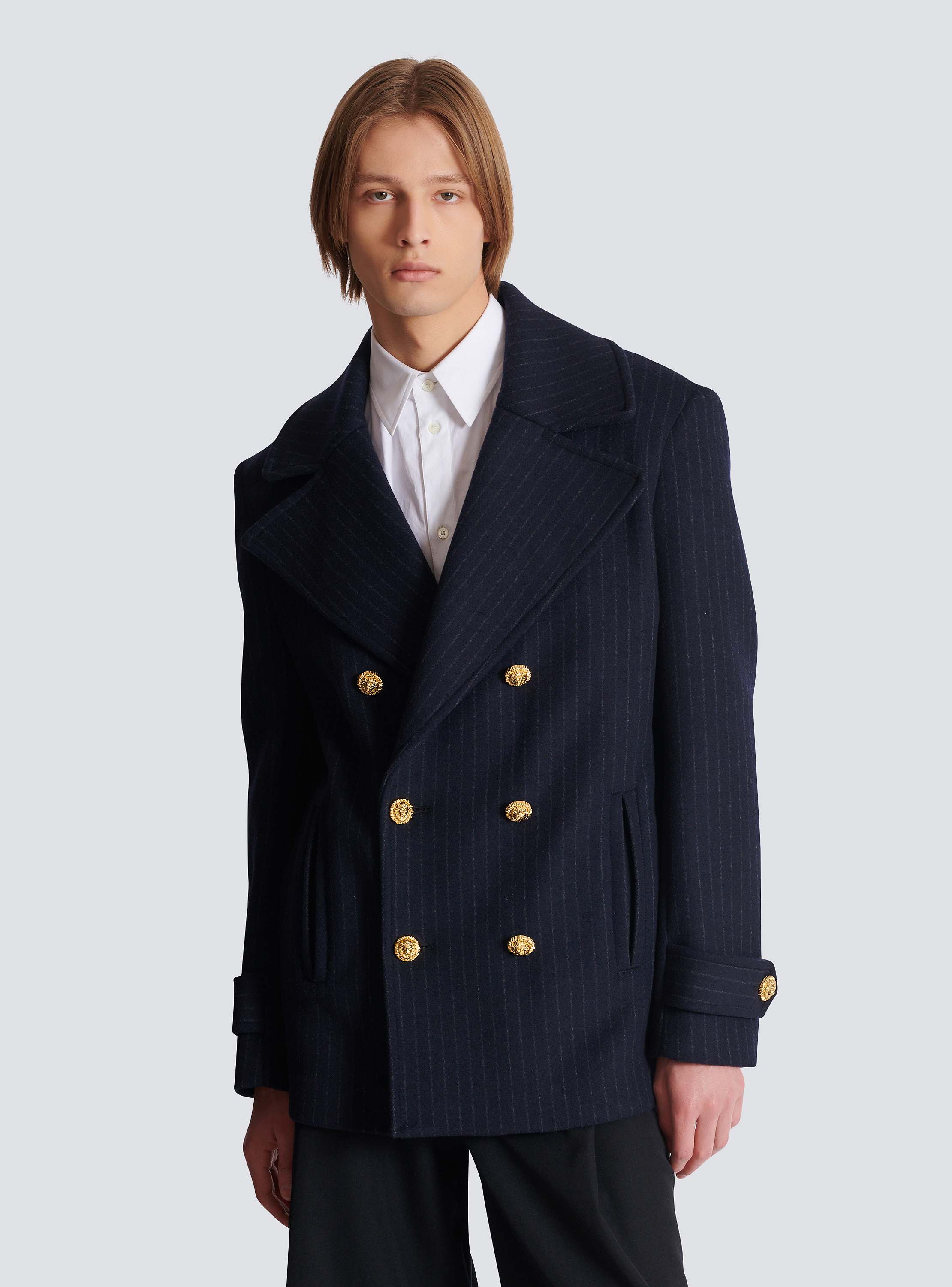 Short striped wool pea coat