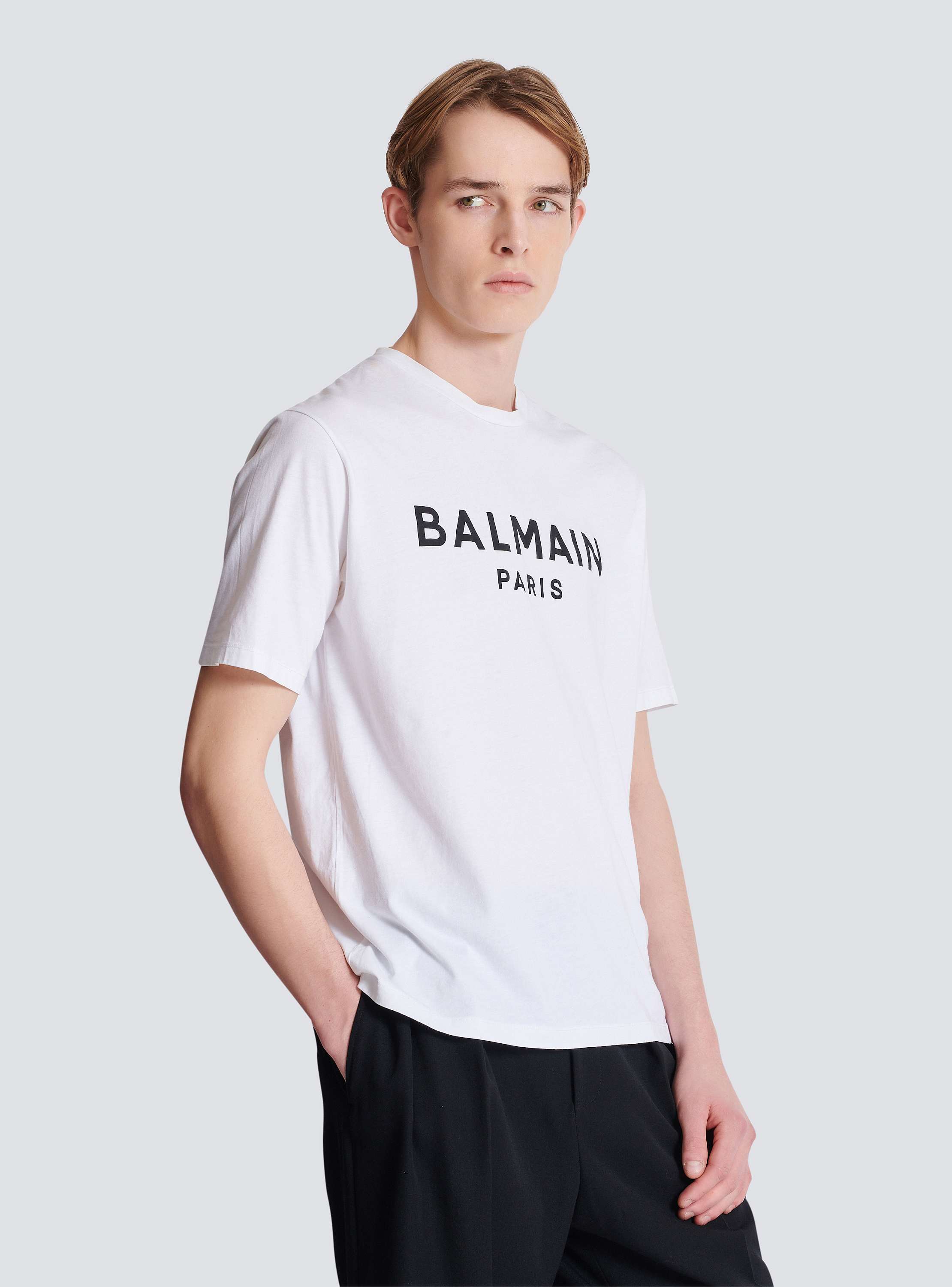 Tシャツ・カットソー BALMAIN Men Polo Shirts DH1EF000GD85 GAB WHITE Balmain White T-Shirt with Palm Tree Logo