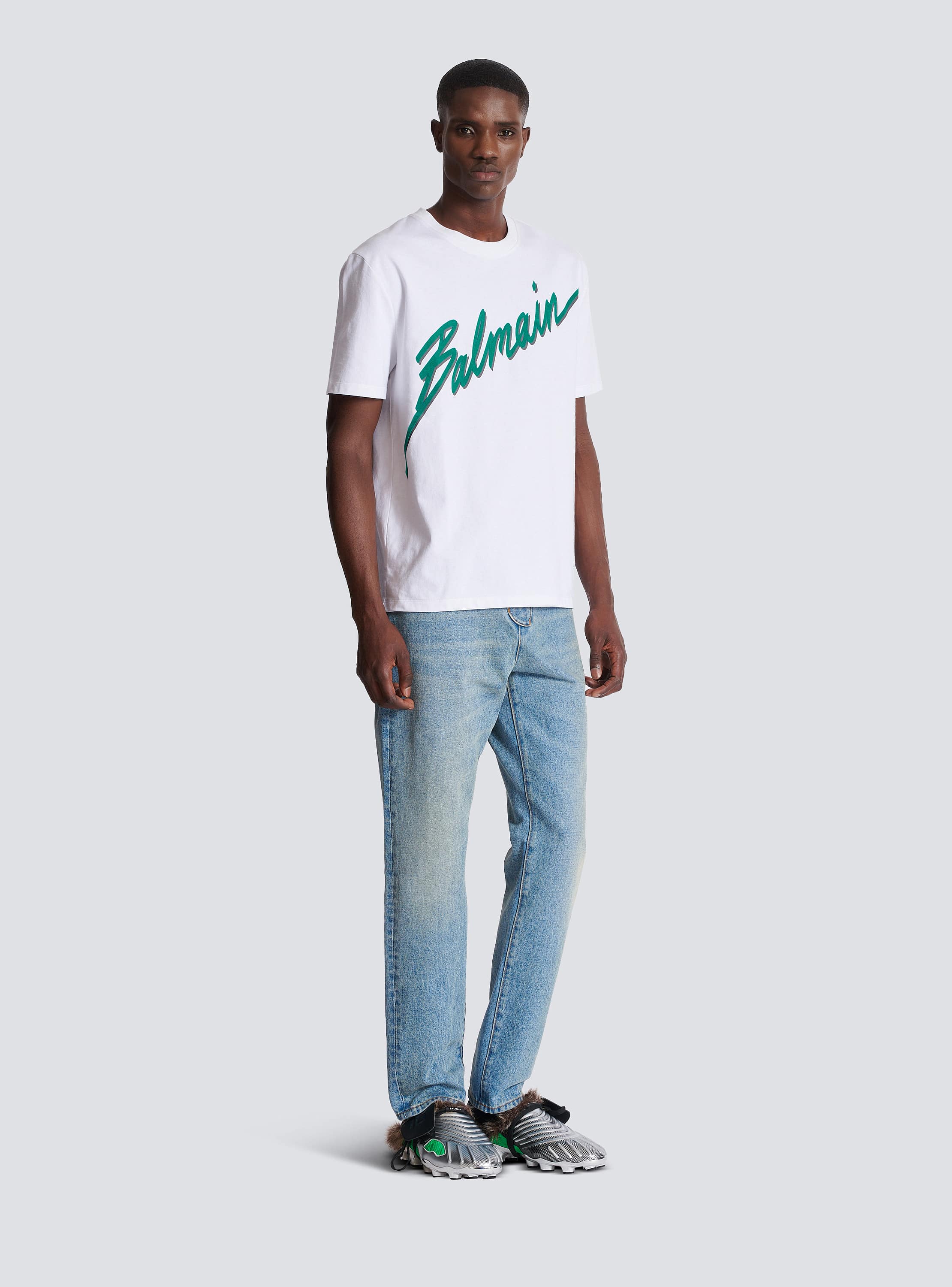 【BALMAIN】関税込☆レタードフロック Tシャツ ホワイト Balmain Lettre flocked T-shirt - Men | BALMAIN