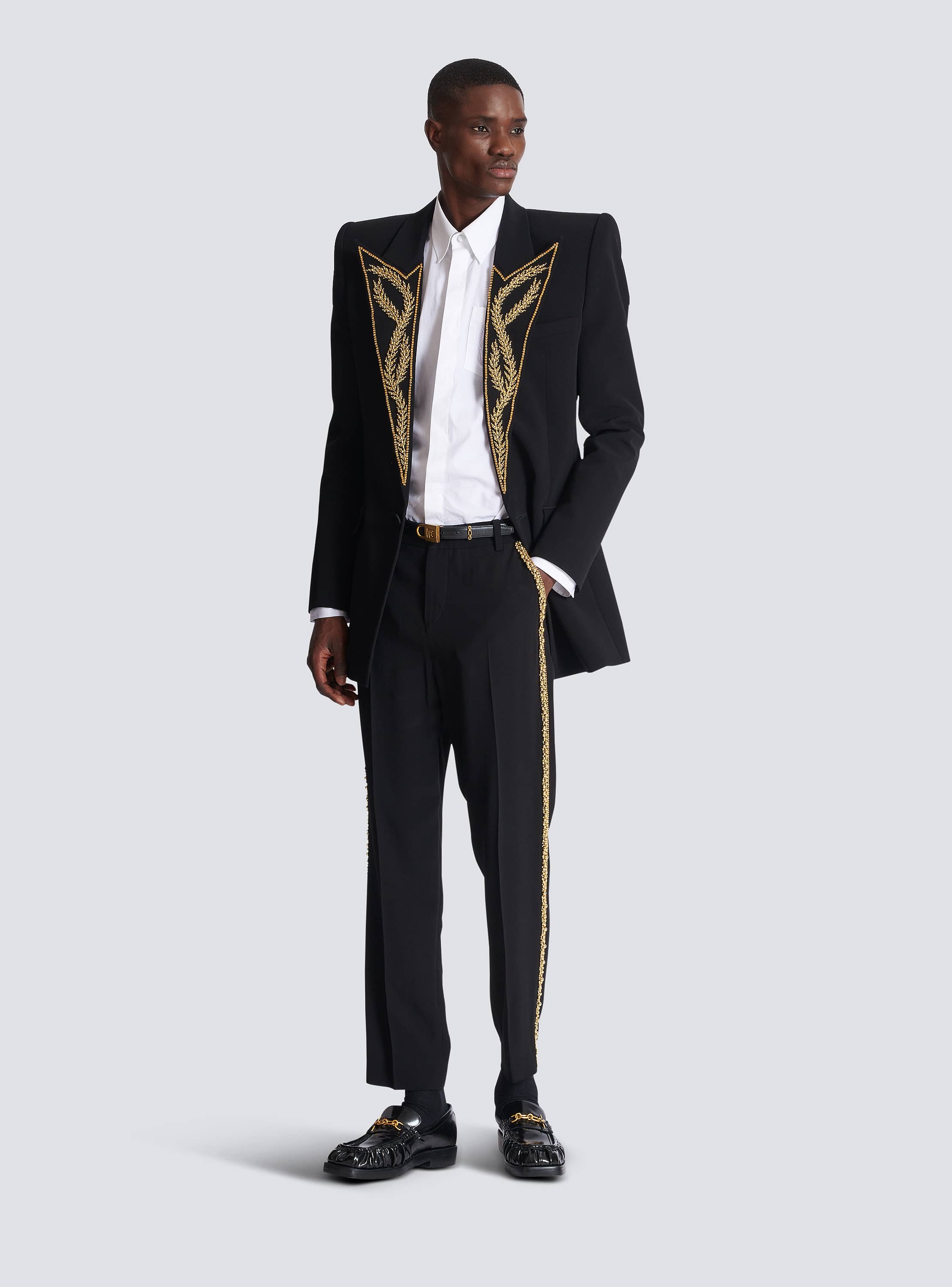 Embroidered crepe straight-leg tailored trousers