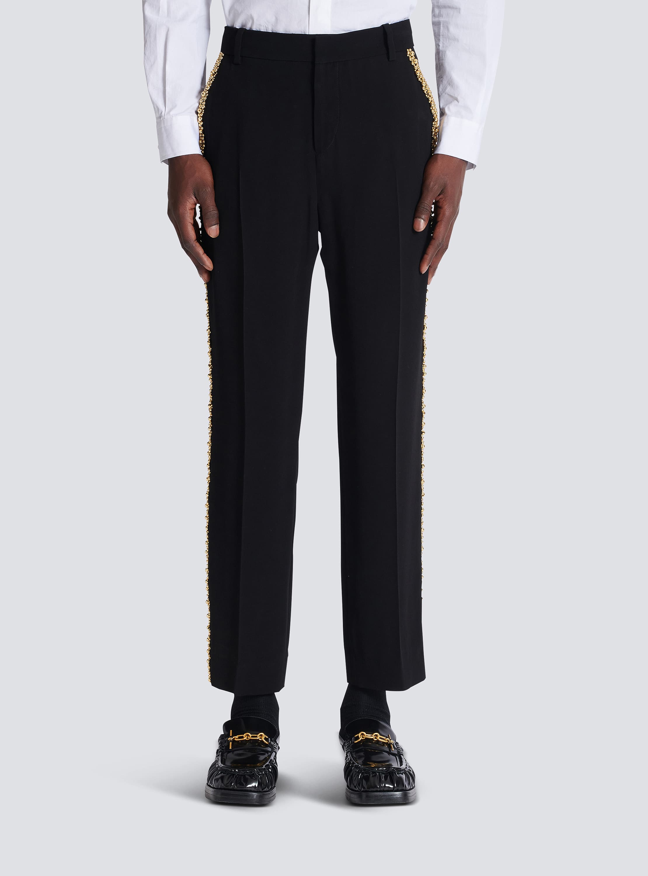 Embroidered crepe straight-leg tailored trousers