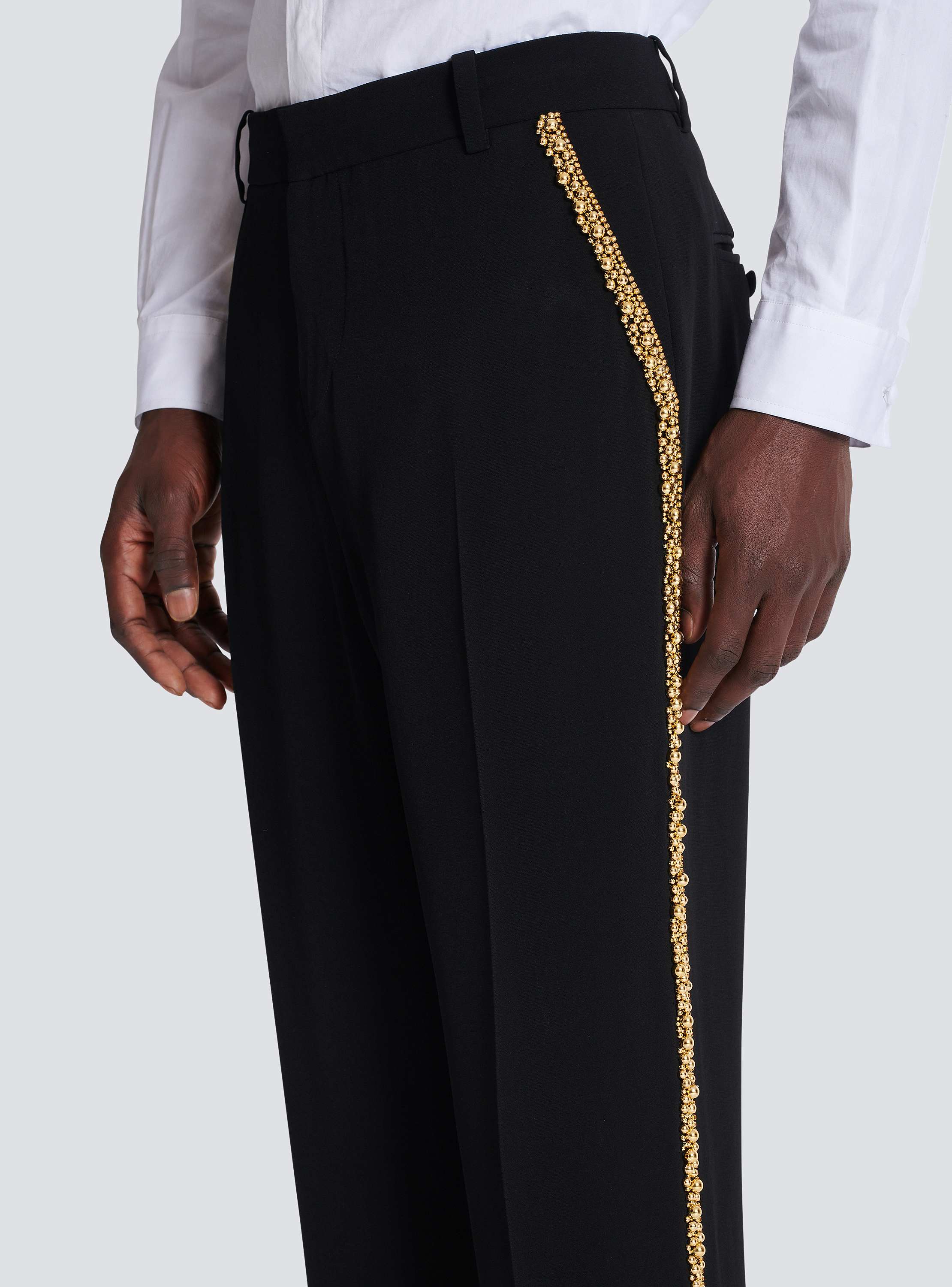 Embroidered crepe straight-leg tailored trousers