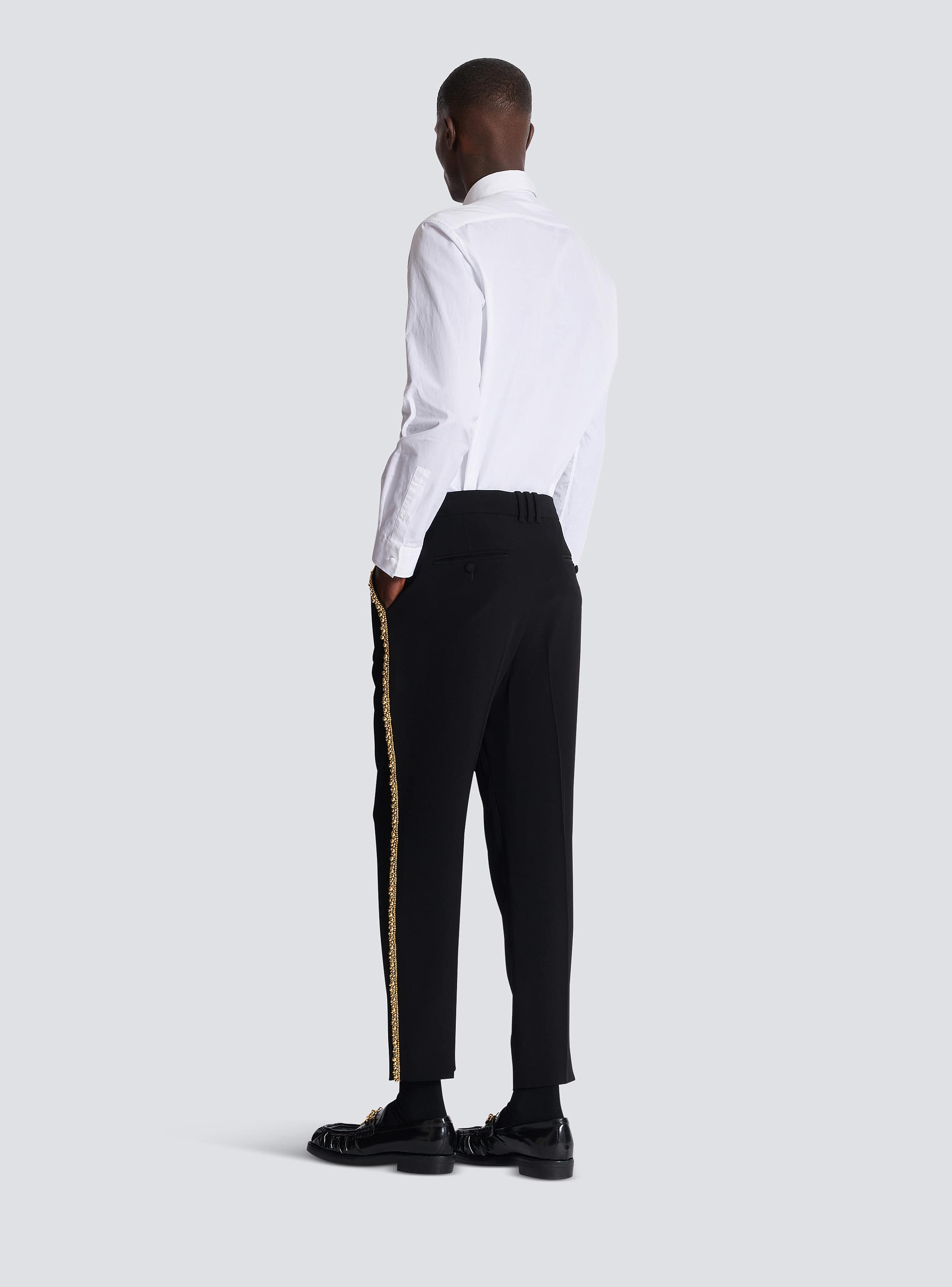 Embroidered crepe straight-leg tailored trousers