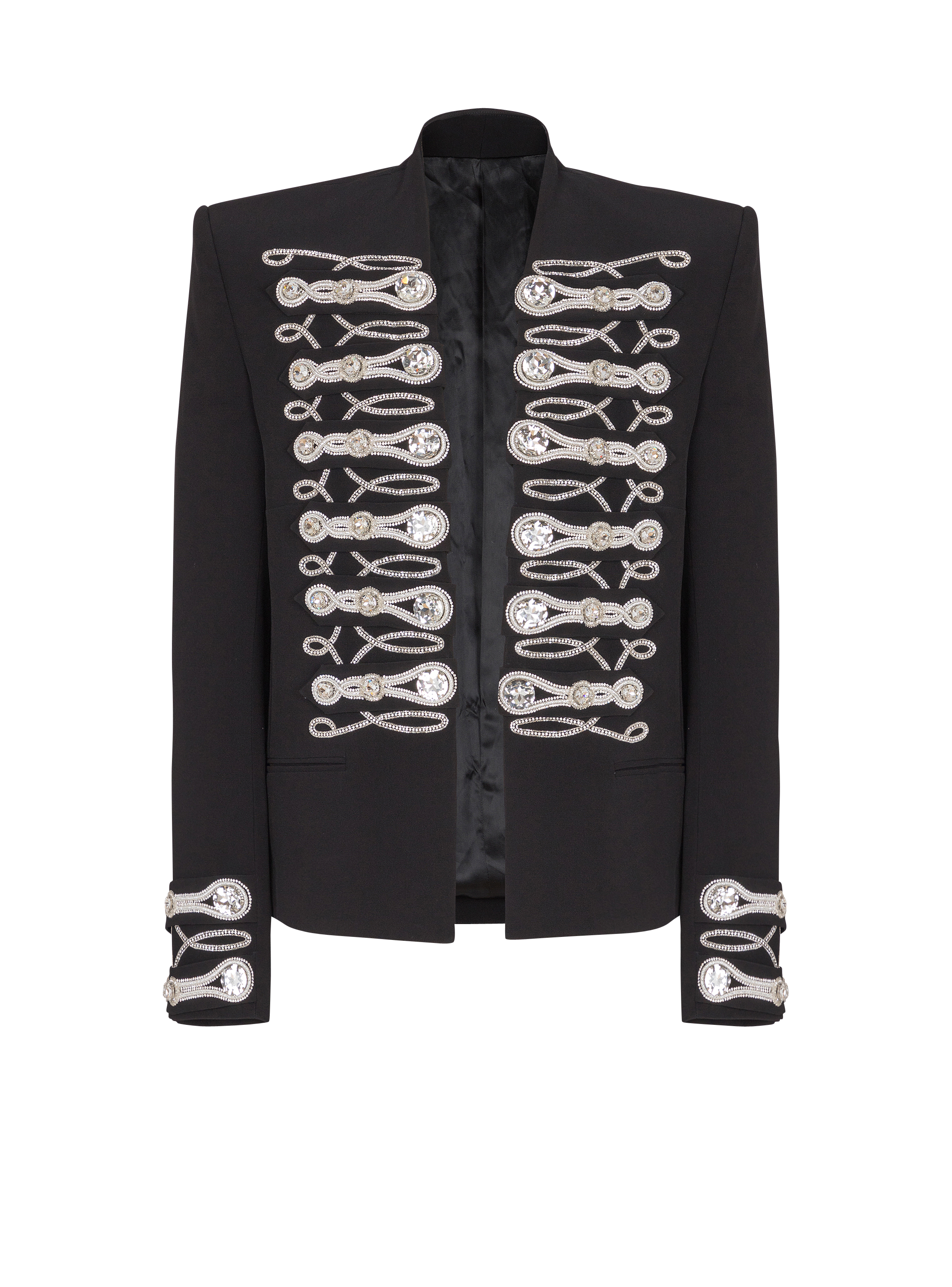 Crepe spencer jacket with embroidered frogging
