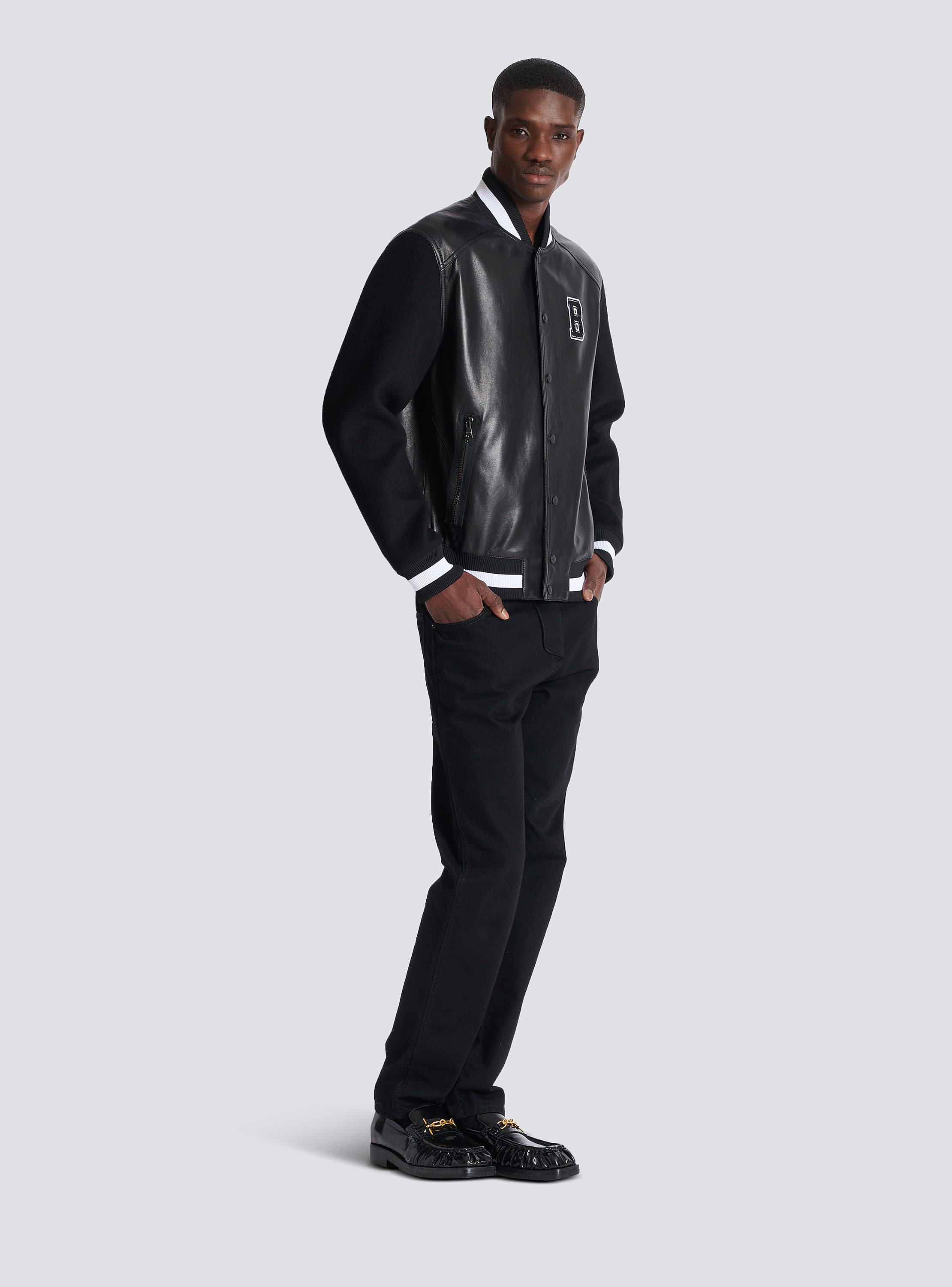 Varsity lambskin leather and wool jacket