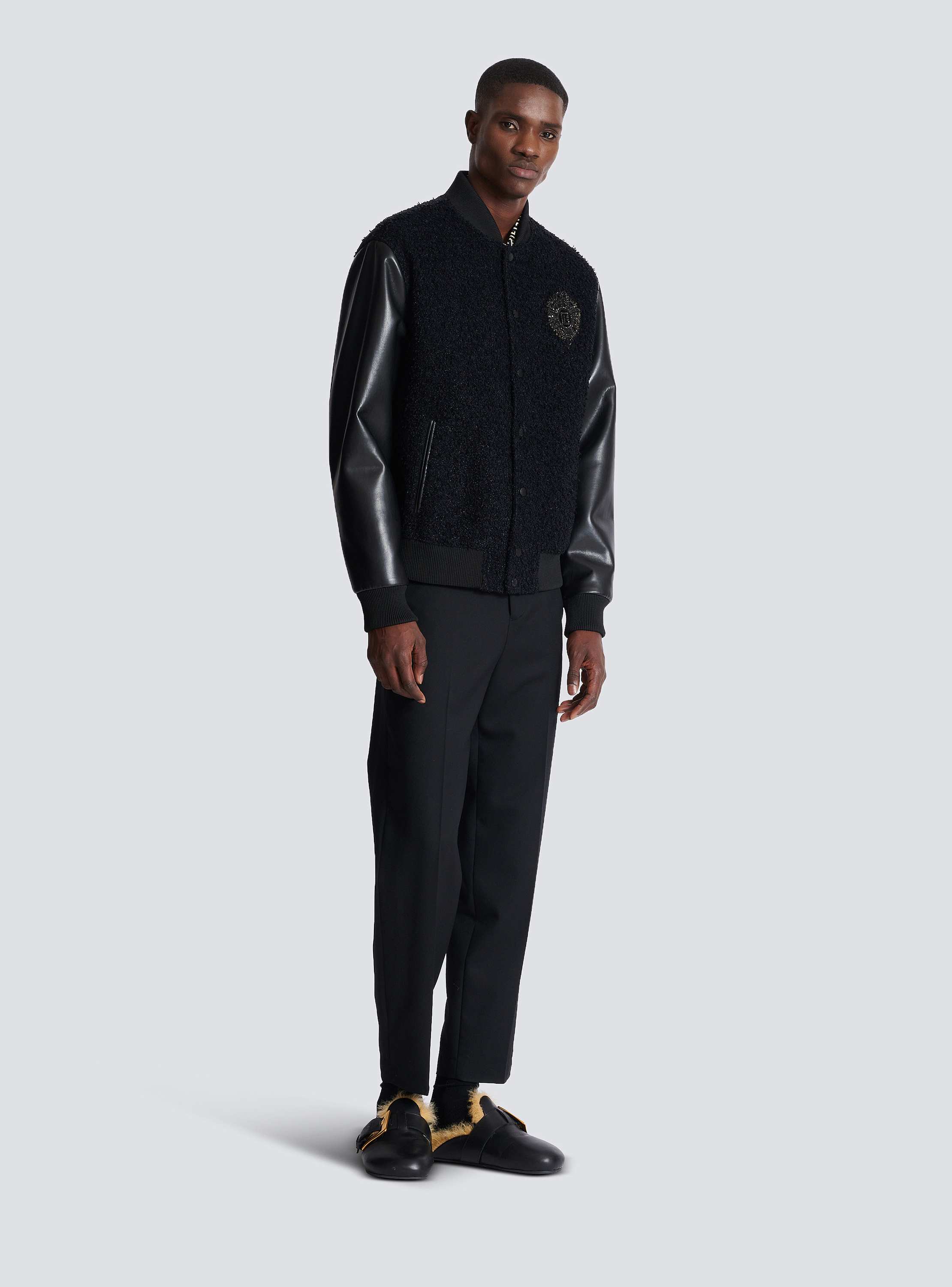 Varsity tweed and faux leather jacket