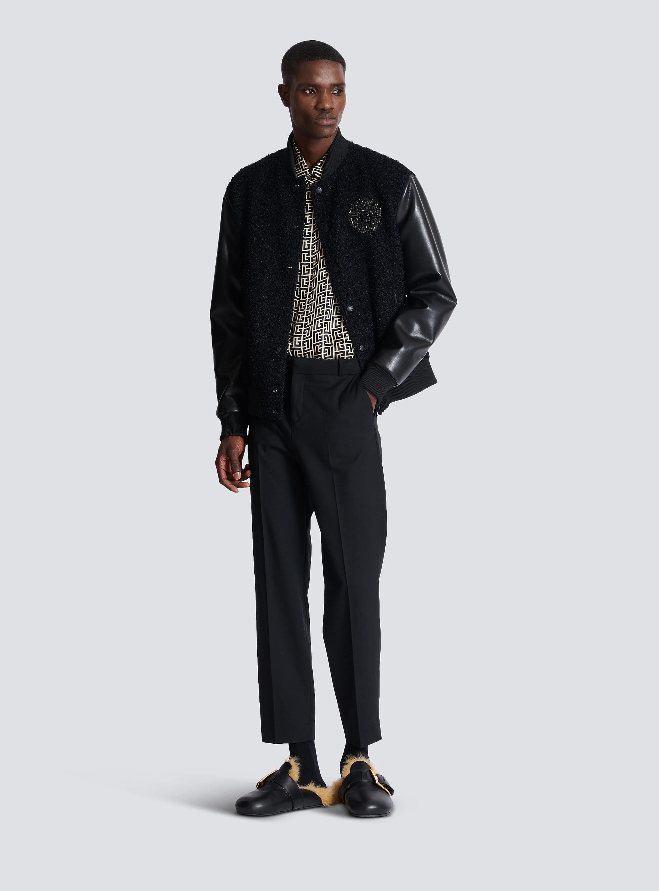 Varsity tweed and faux leather jacket