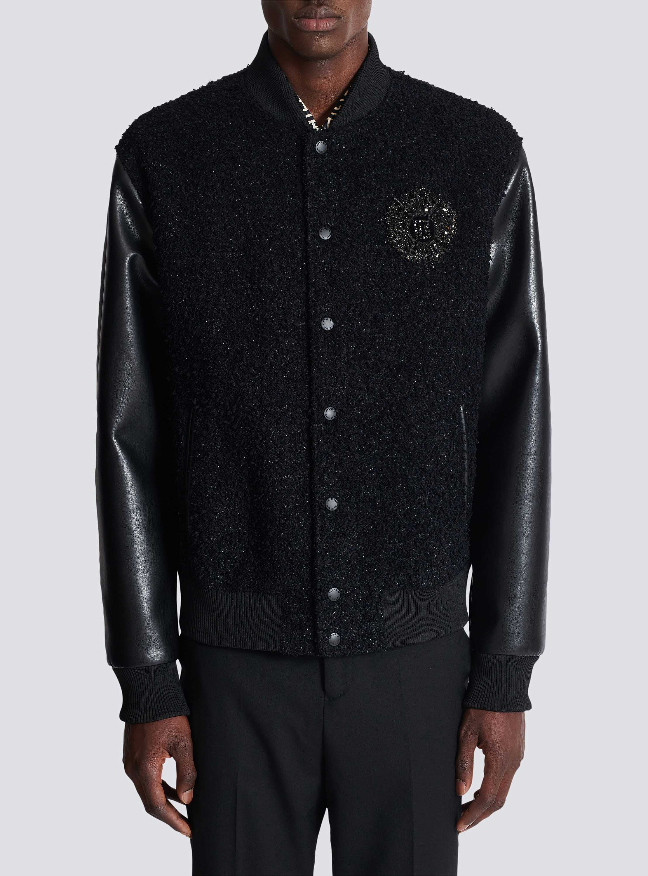 Varsity tweed and faux leather jacket