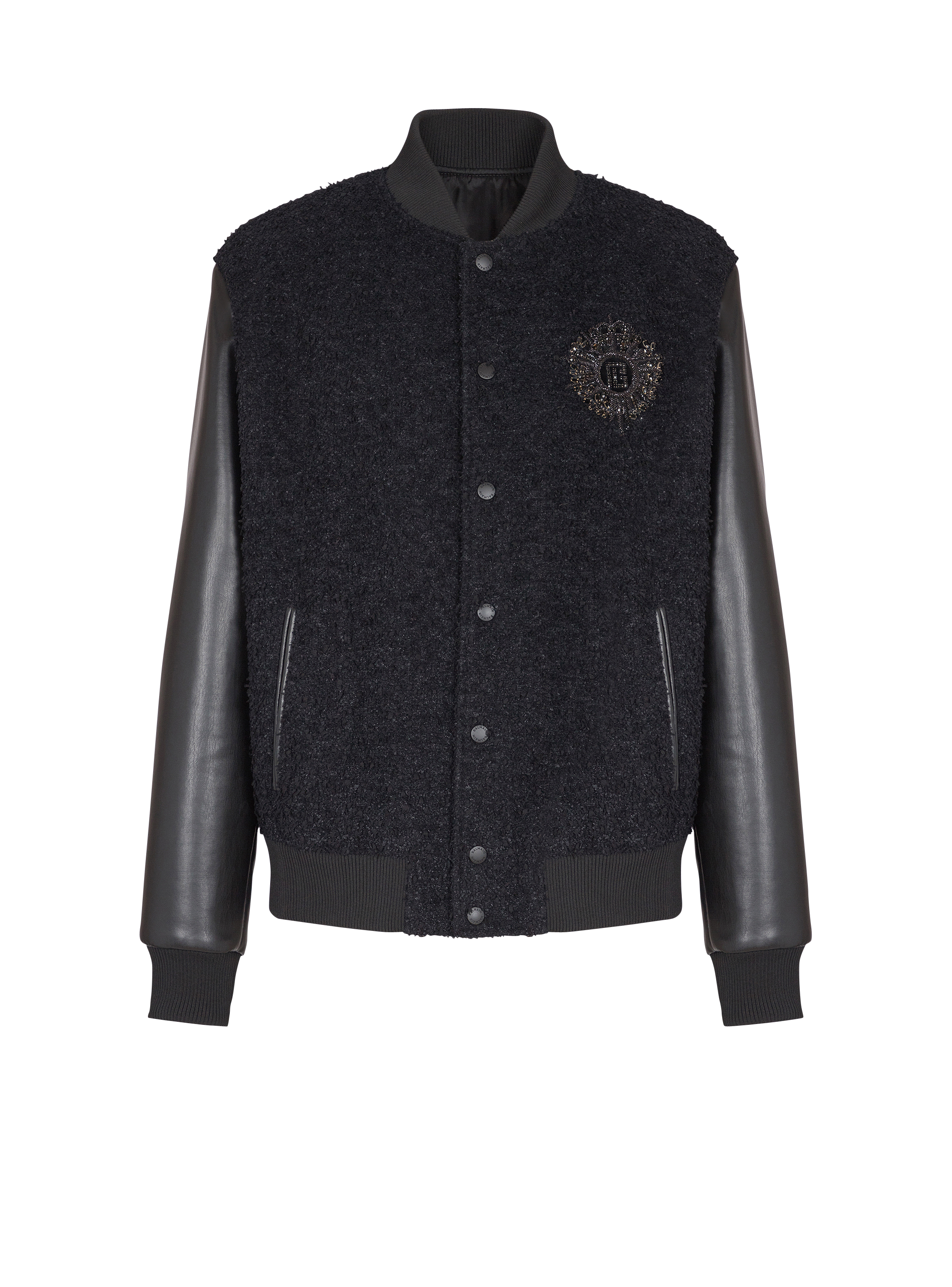 Varsity tweed and faux leather jacket