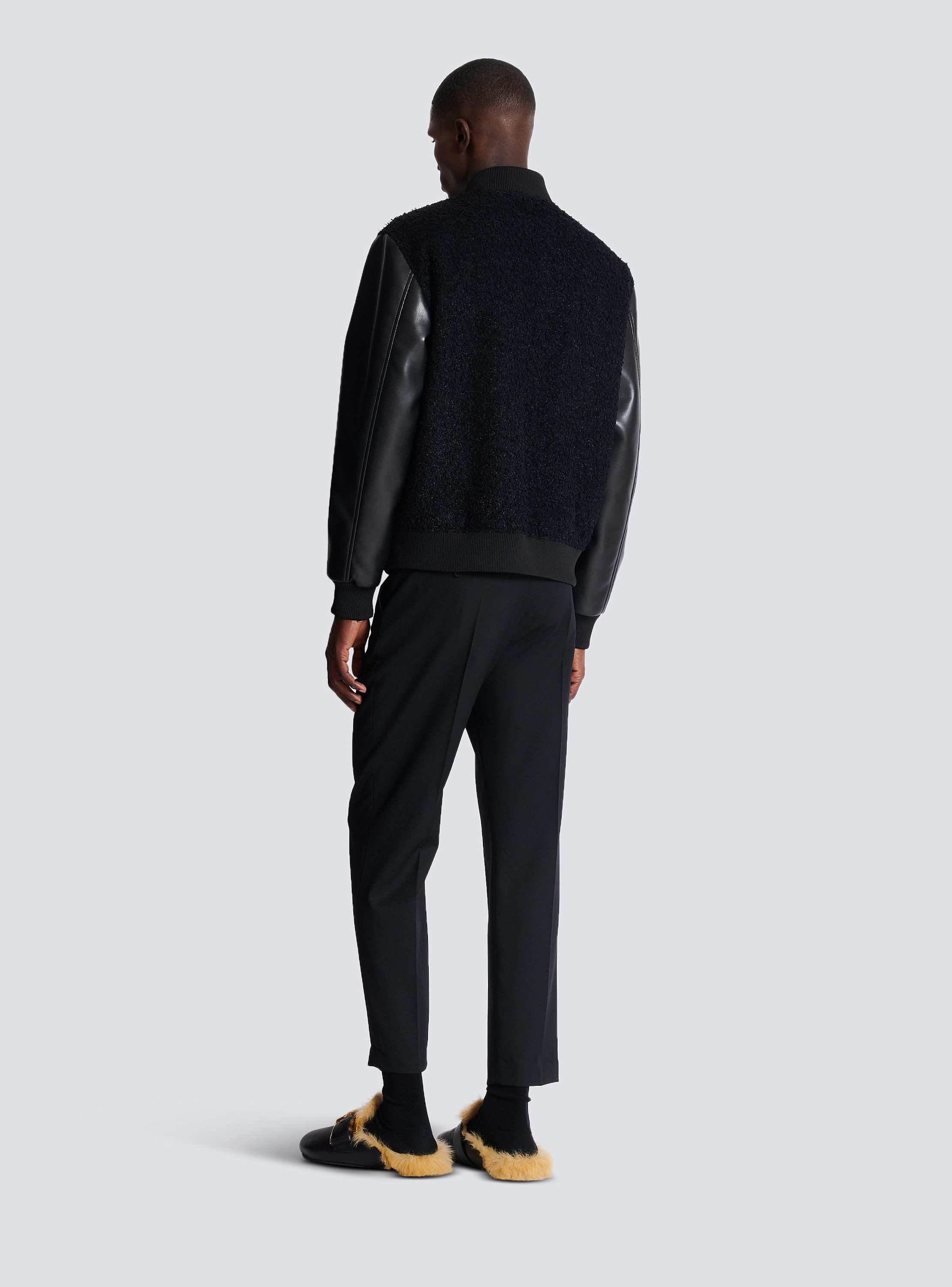 Varsity tweed and faux leather jacket