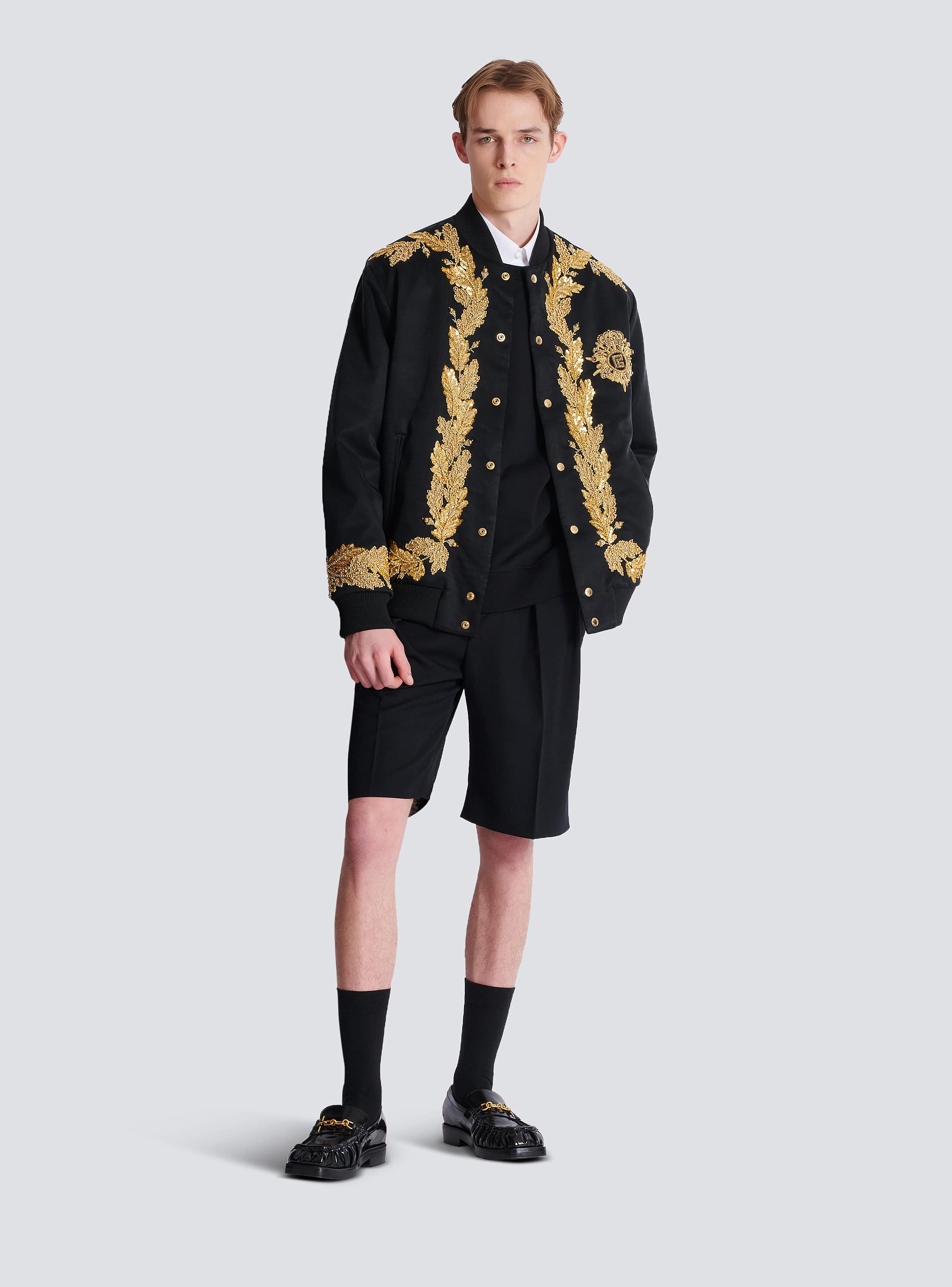 Embroidered cupro bomber jacket