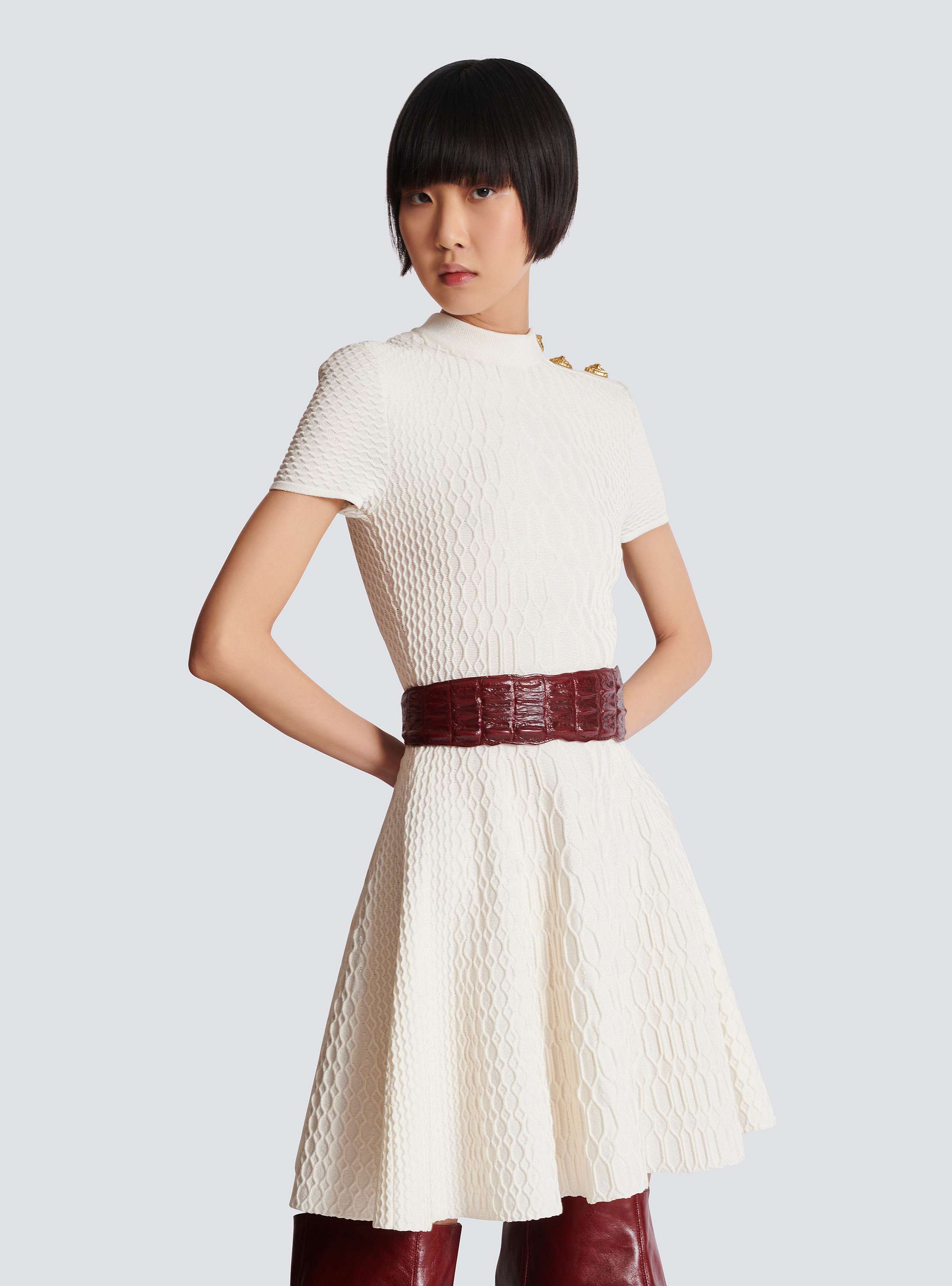 Wide crocodile-print leather belt