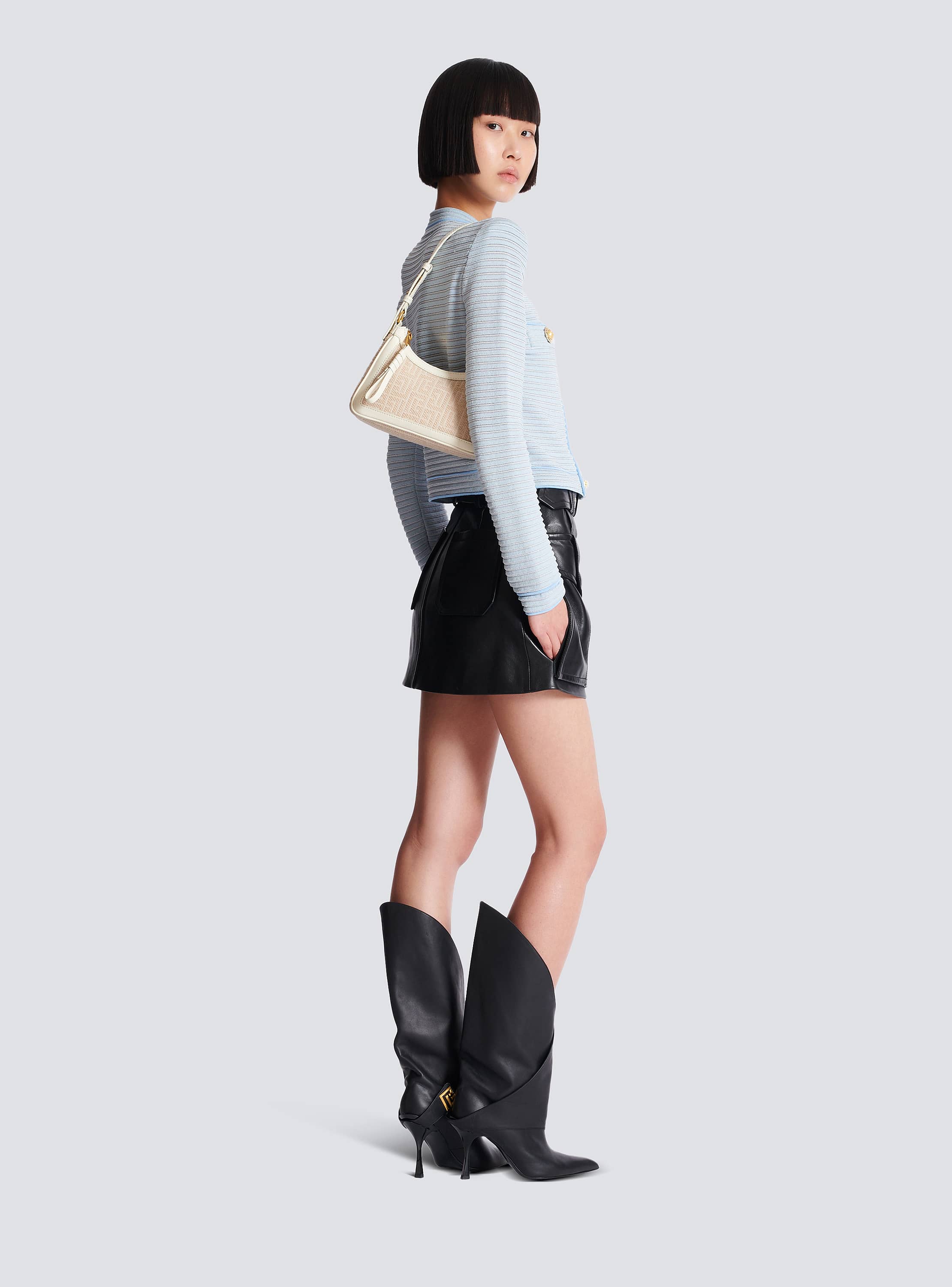 バルマン B-armyショルダーバッグ ベージュ B-Army Shoulder bag in monogrammed jacquard canvas and