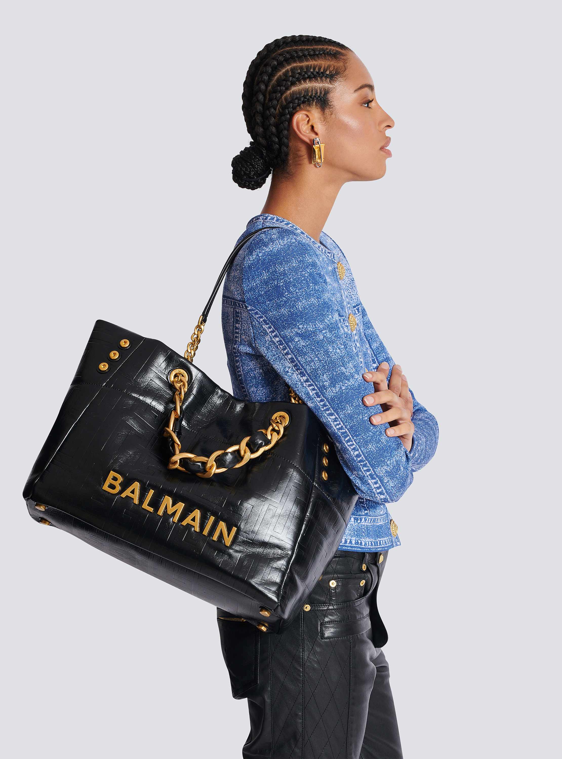 Balmain☆VIP価格 1945 ソフト PBモノグラム トートバッグ 1945 ソフト PBモノグラム クリンクルレザー製 トートバッグ
