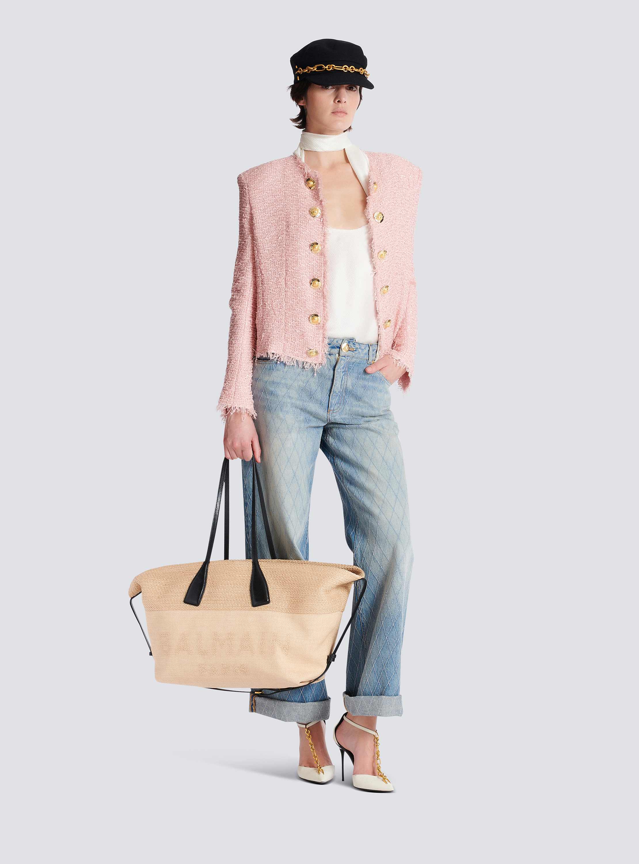 【関税込み】Track Shopper Bag - Balmain - Raffia - Neutral Track raffia tote bag - Women | BALMAIN