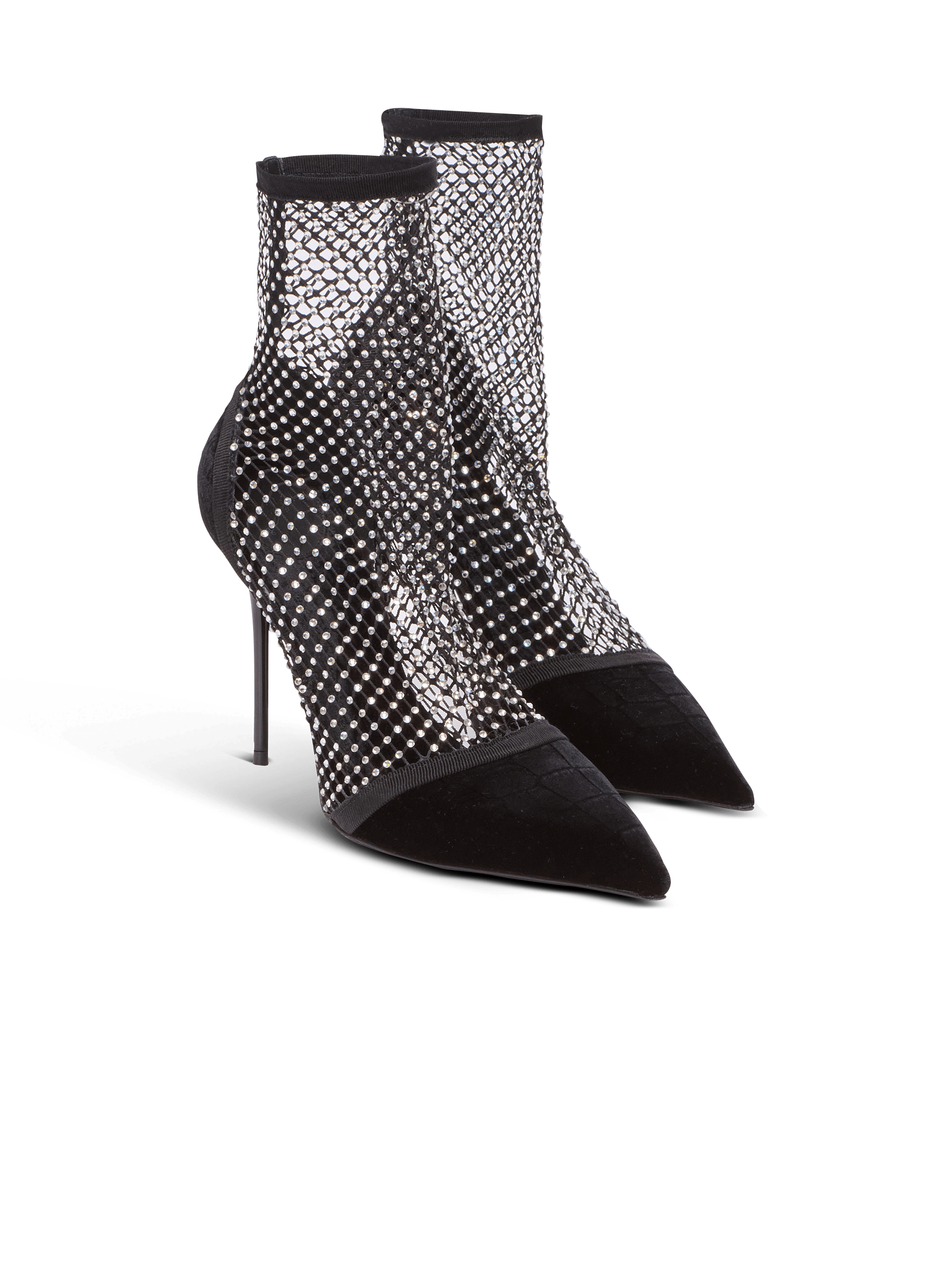 Mesh heeled ankle boots with velvet and rhinestones