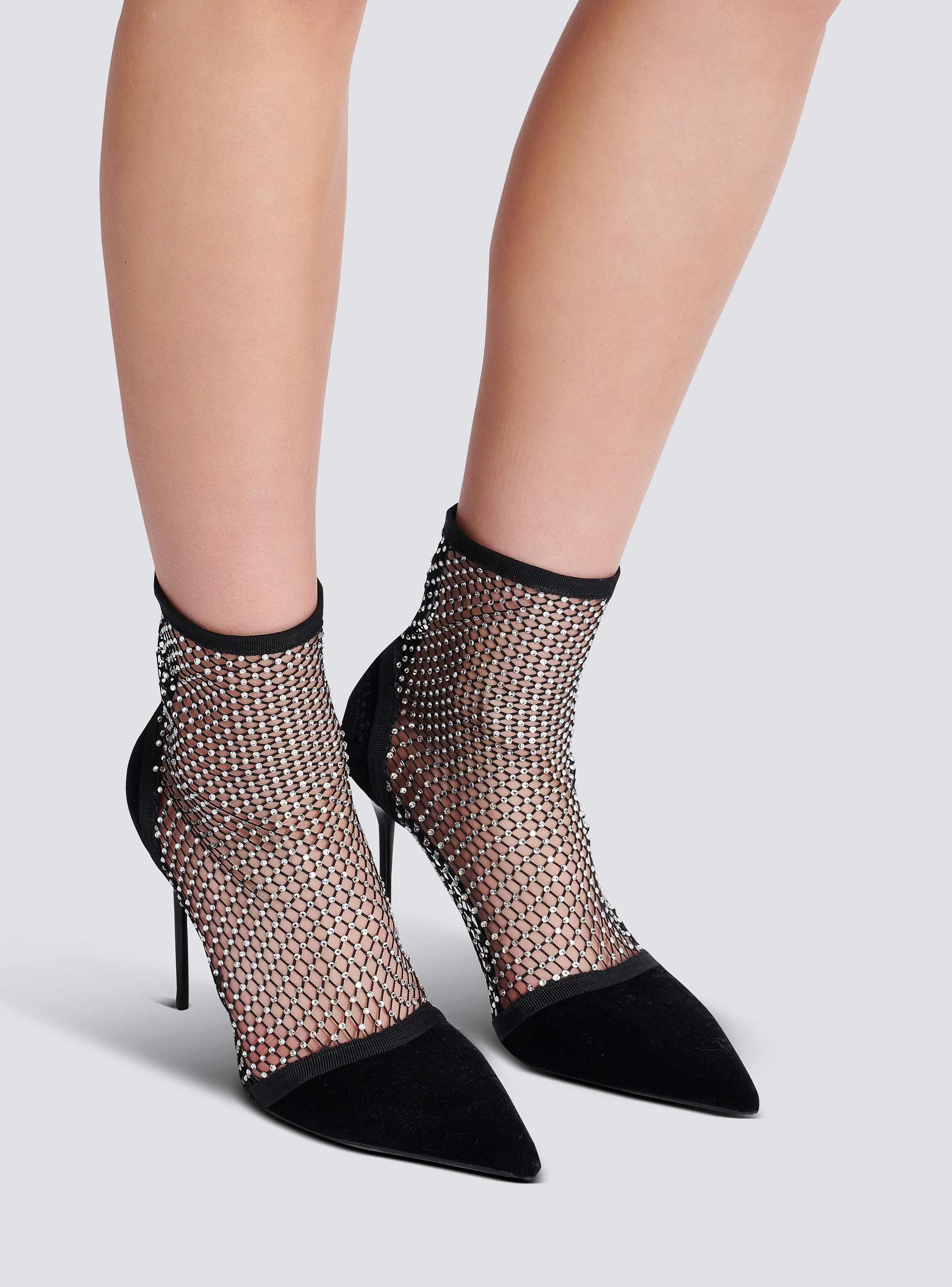 Mesh heeled ankle boots with velvet and rhinestones