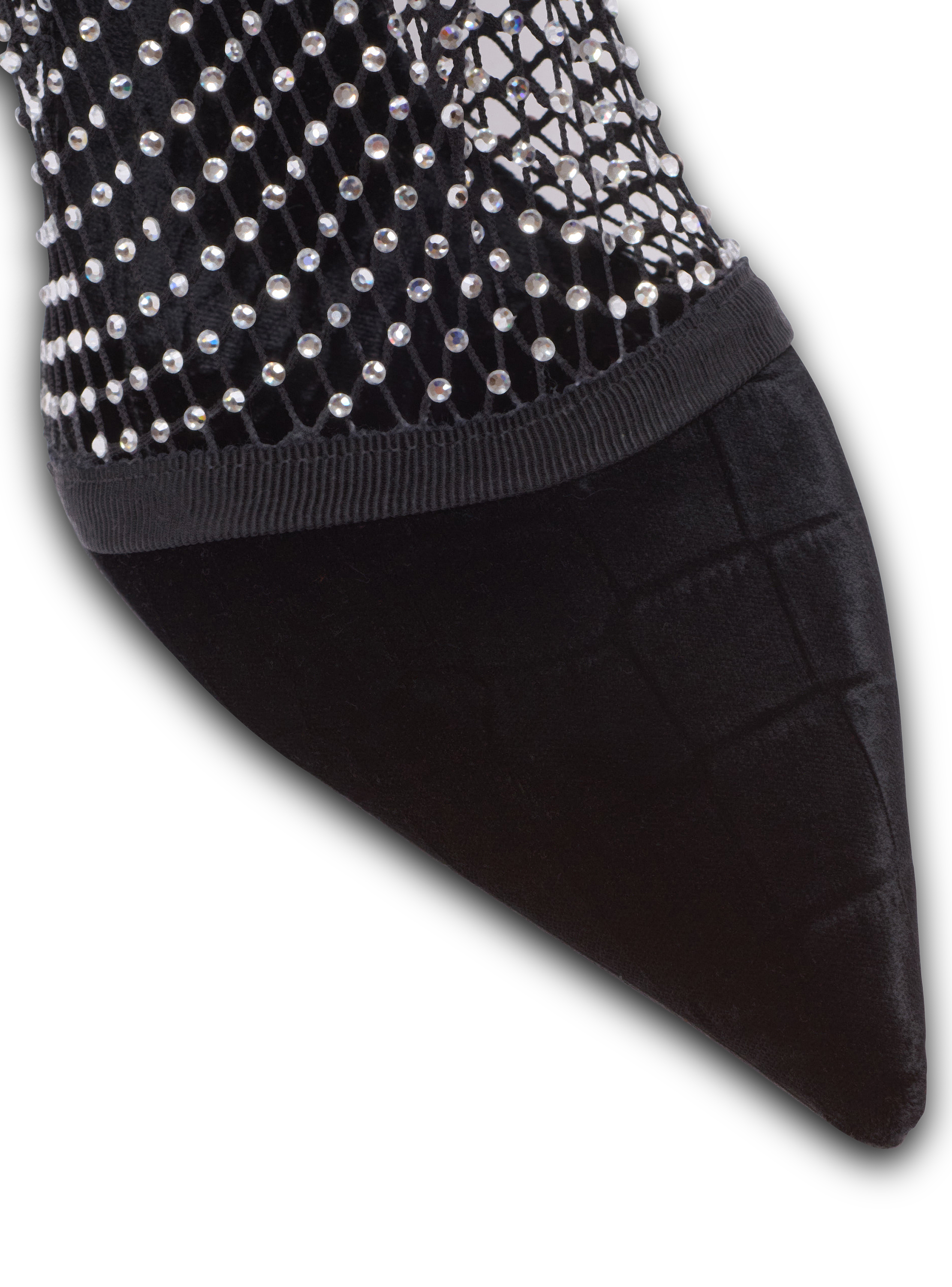 Mesh heeled ankle boots with velvet and rhinestones