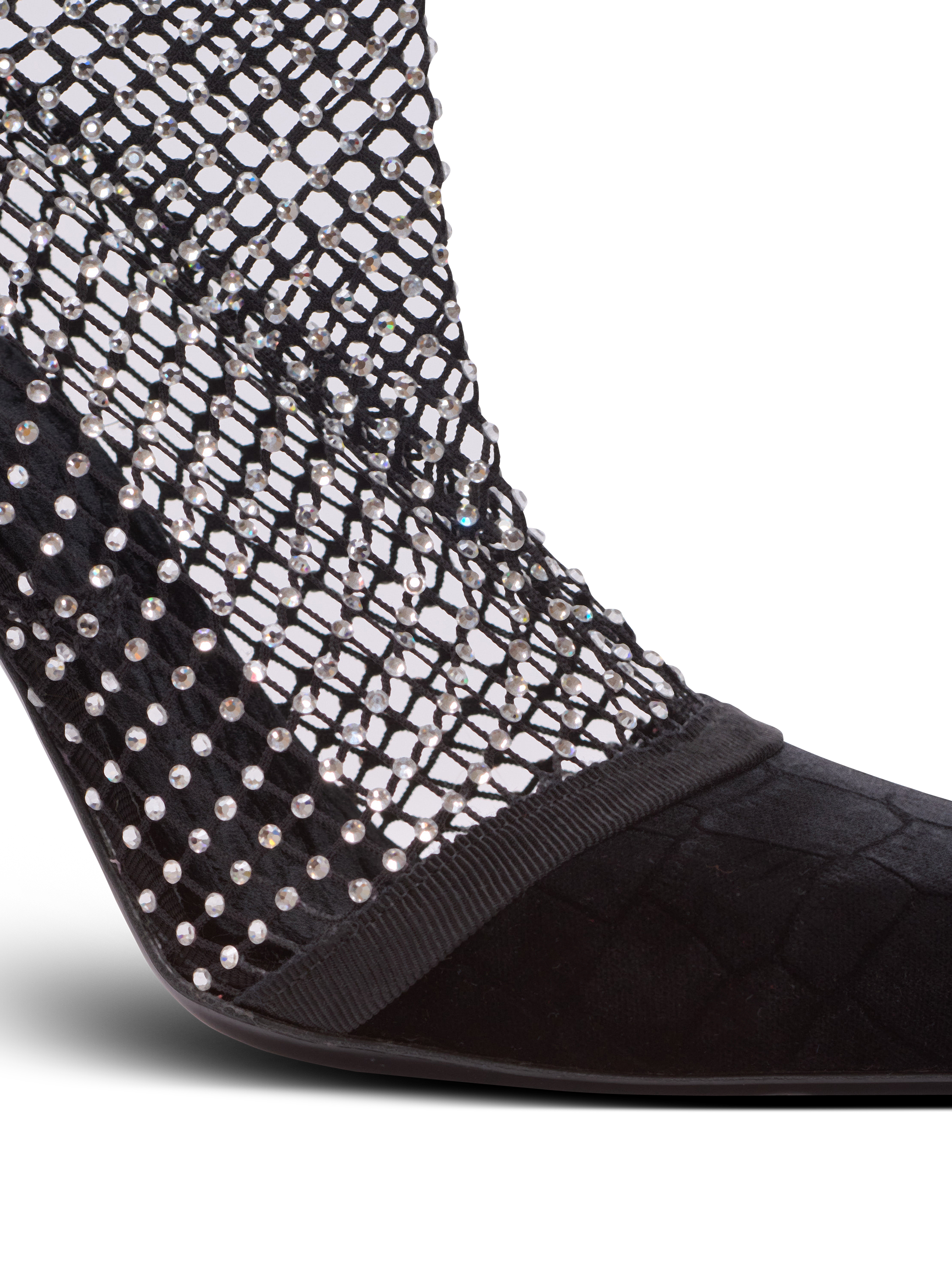 Mesh heeled ankle boots with velvet and rhinestones