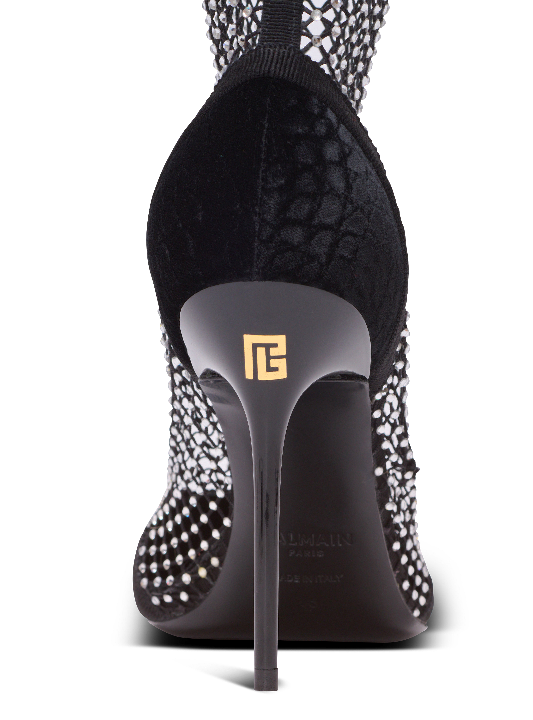 Mesh heeled ankle boots with velvet and rhinestones