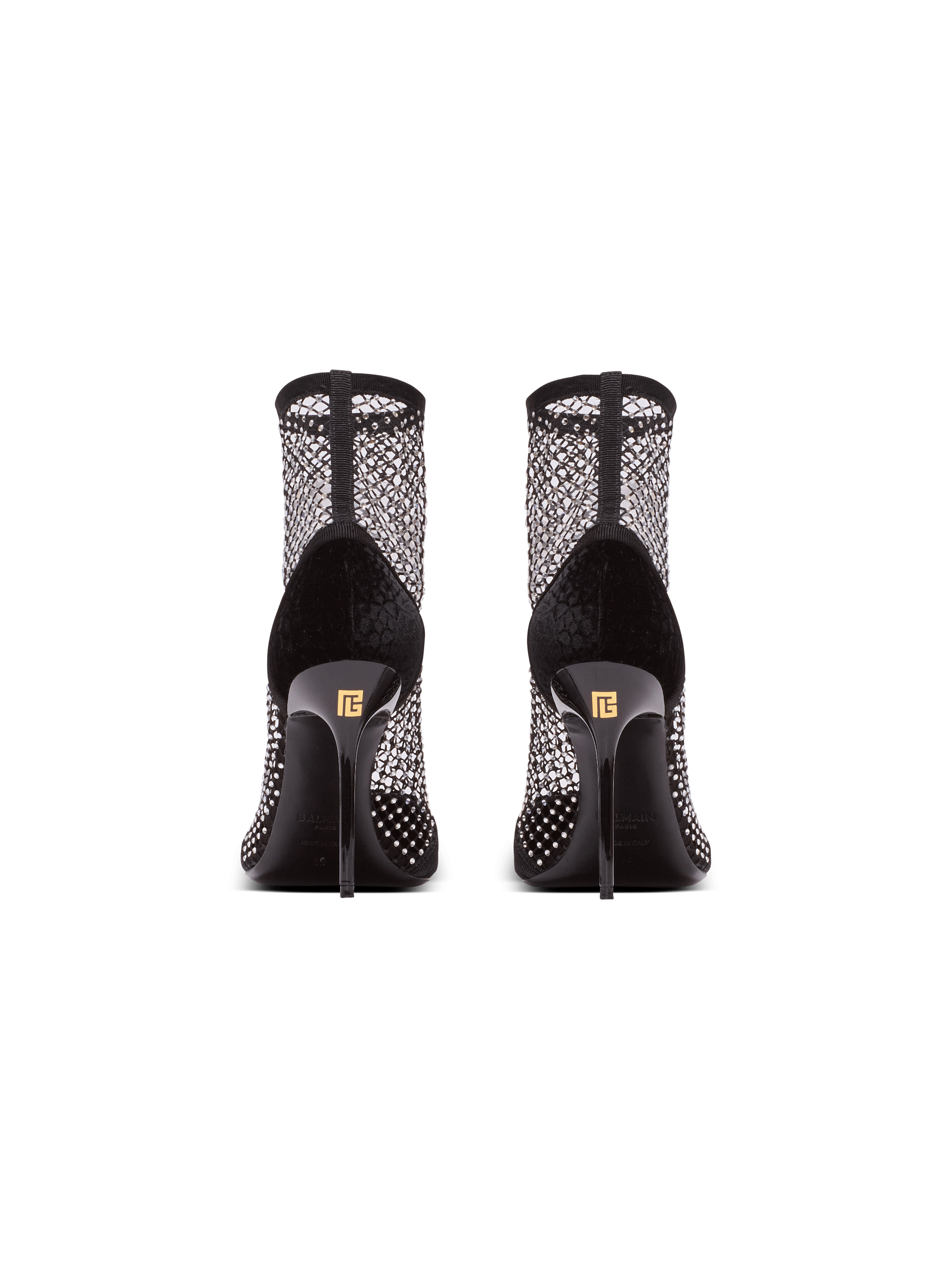 Mesh heeled ankle boots with velvet and rhinestones