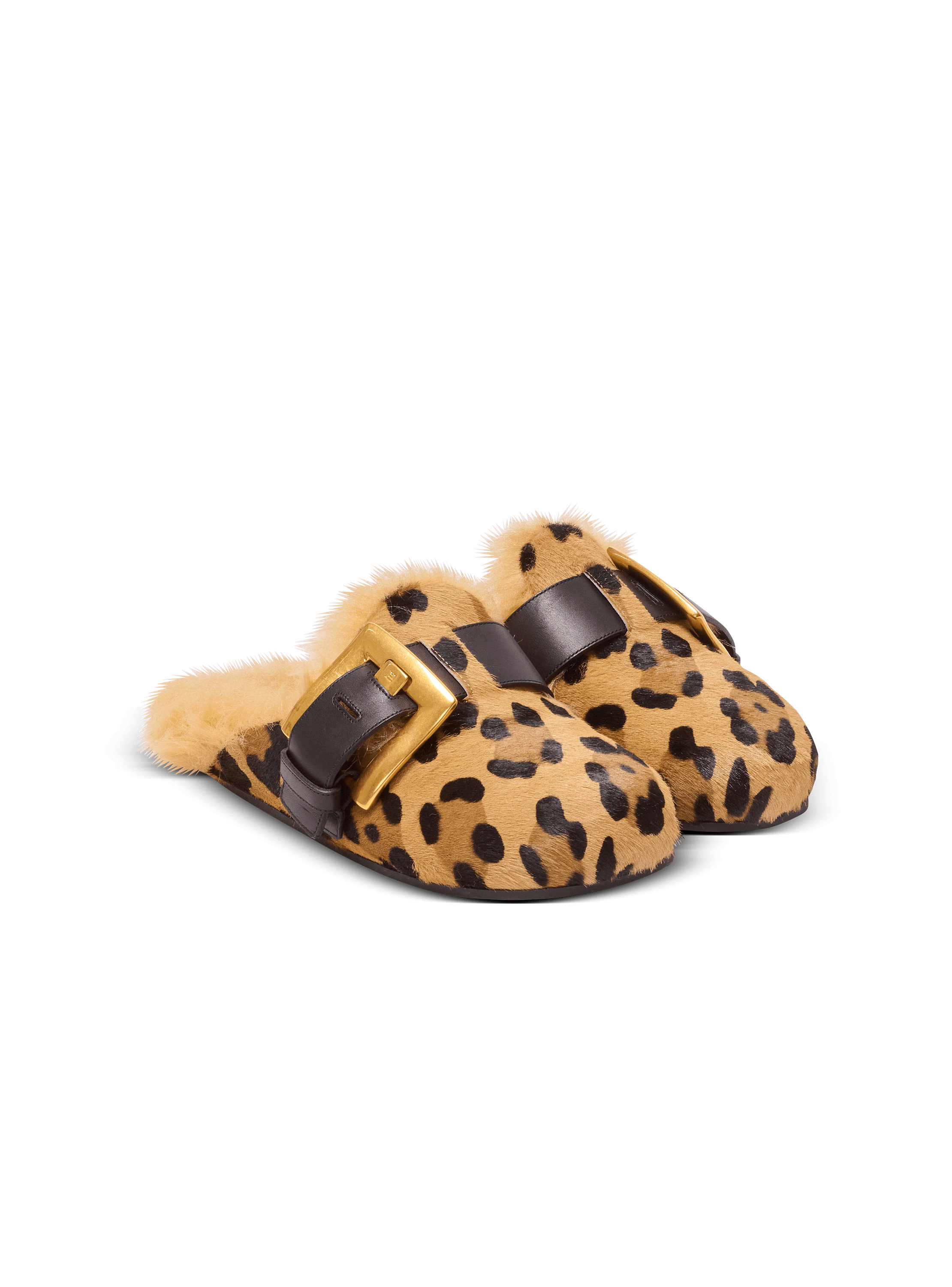 Anthem leopard print ponyskin leather and faux fur mules