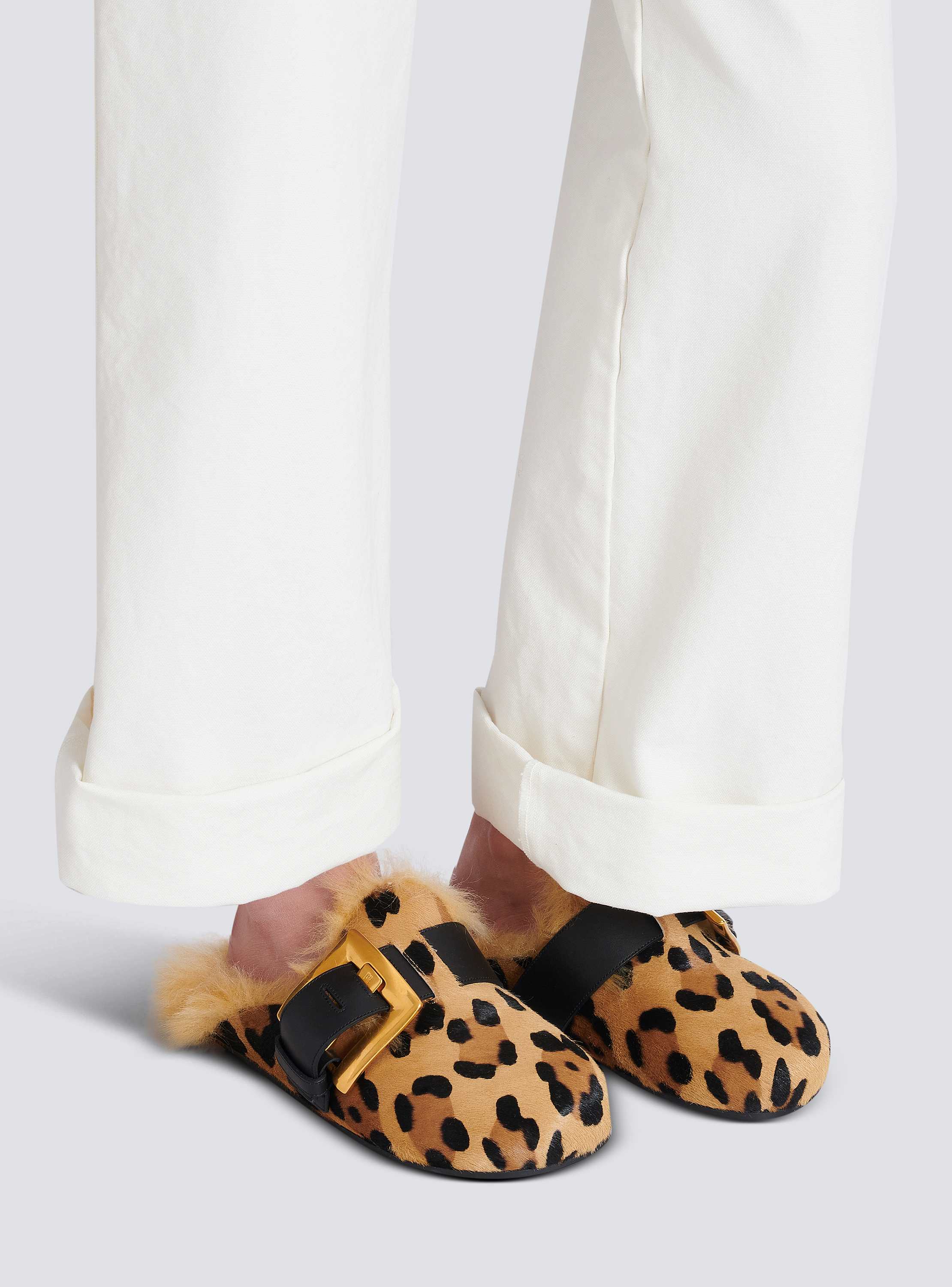 Anthem leopard print ponyskin leather and faux fur mules
