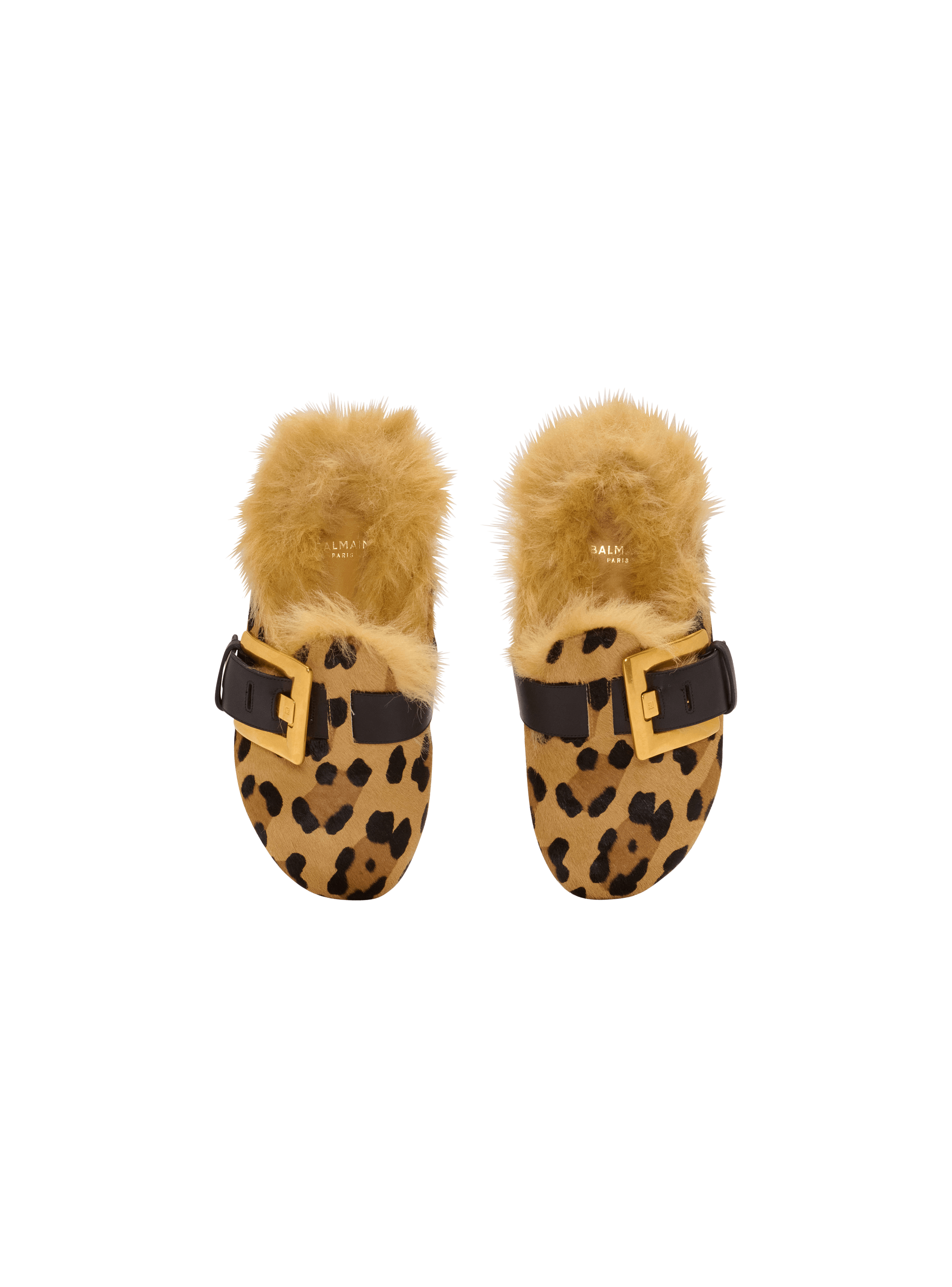 Anthem leopard print ponyskin leather and faux fur mules