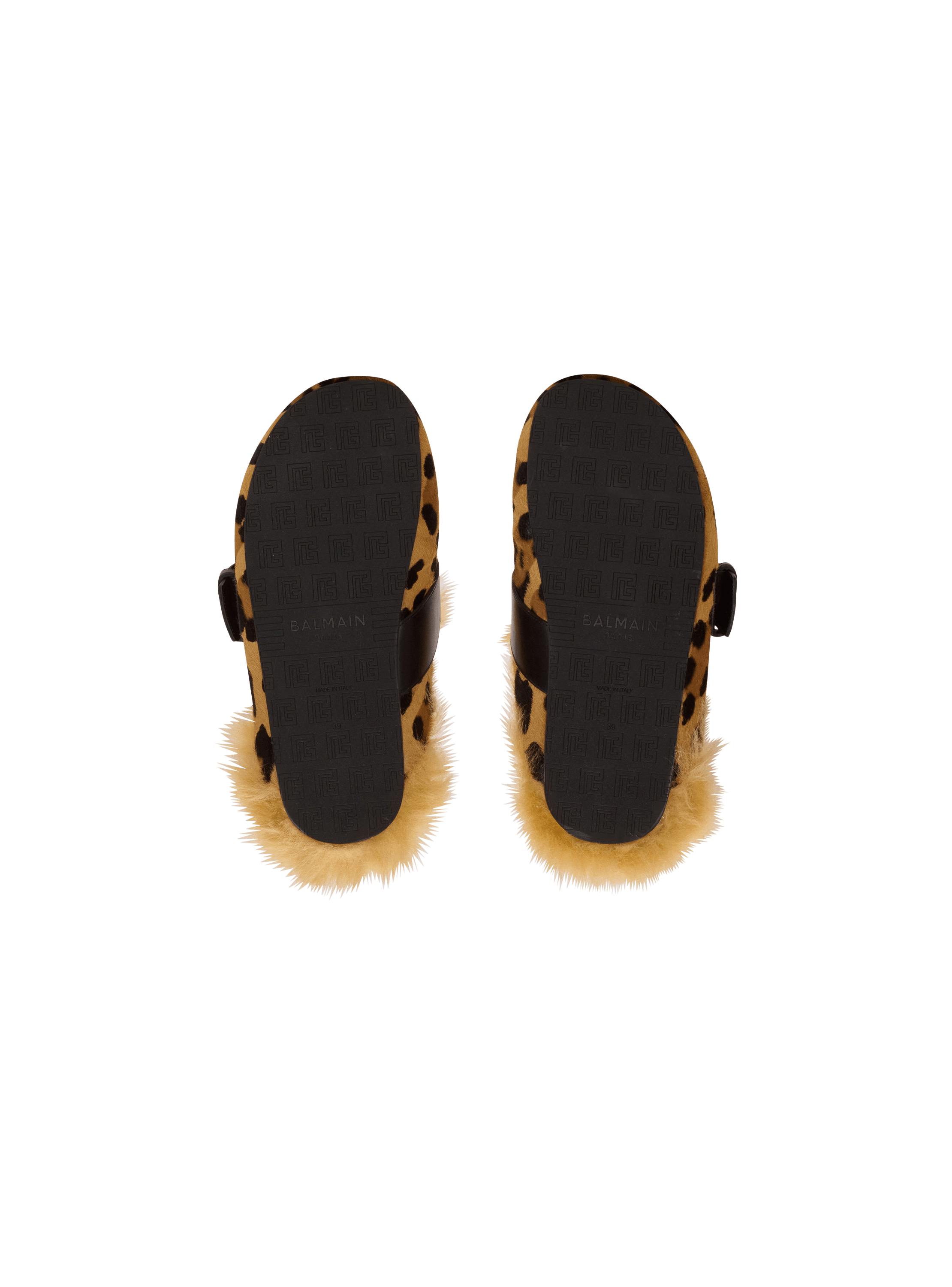 Anthem leopard print ponyskin leather and faux fur mules