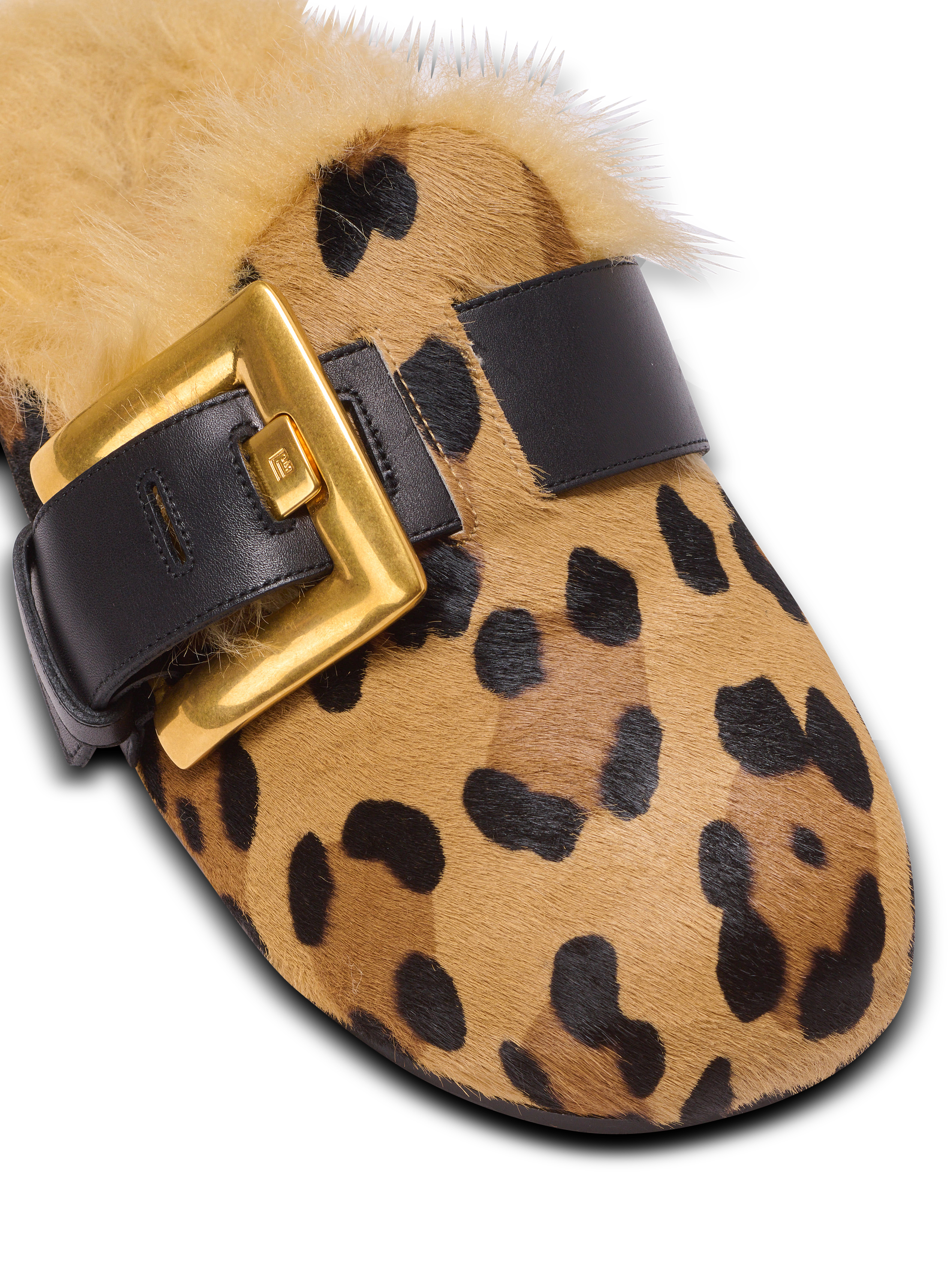 Anthem leopard print ponyskin leather and faux fur mules