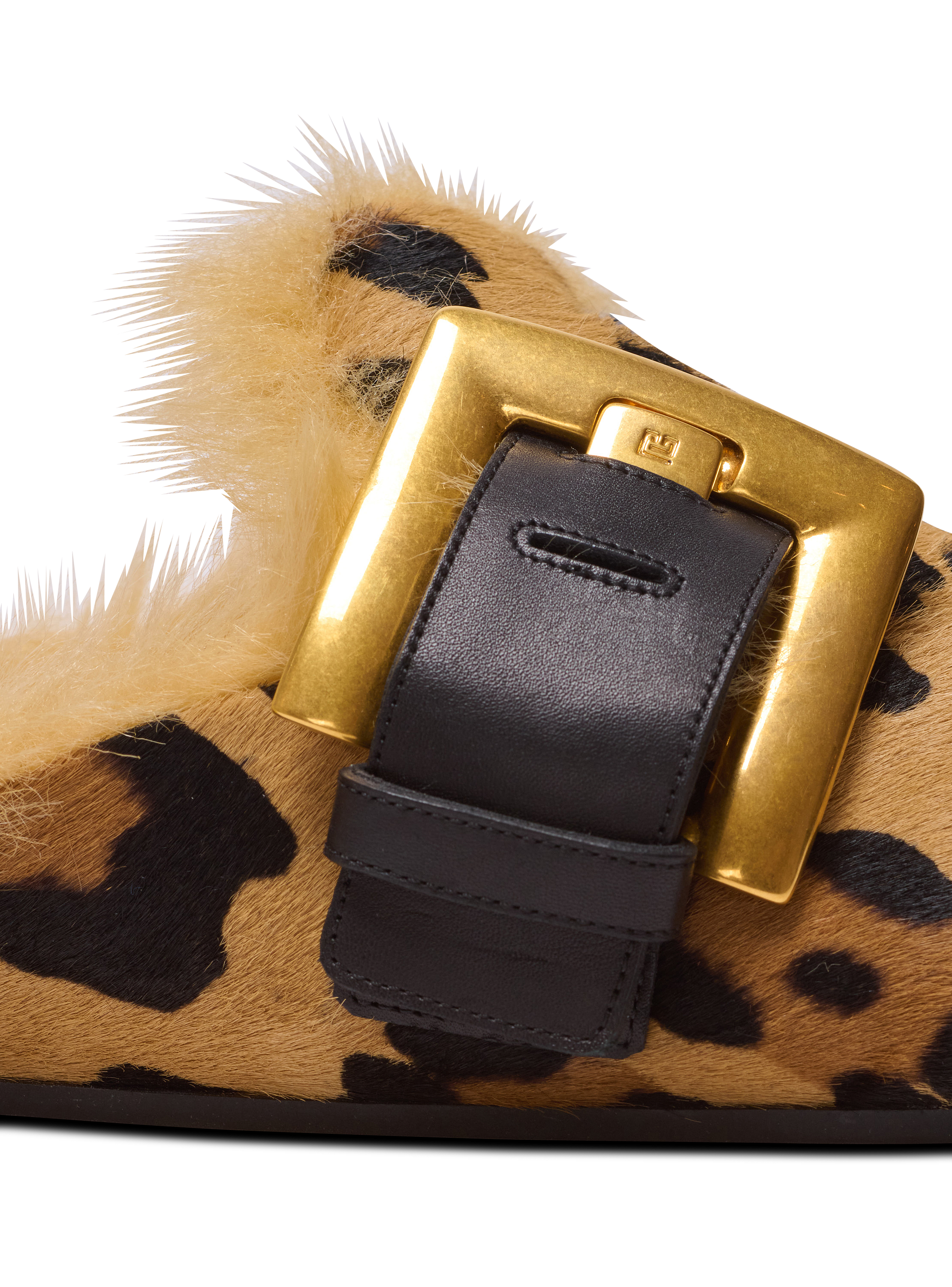 Anthem leopard print ponyskin leather and faux fur mules