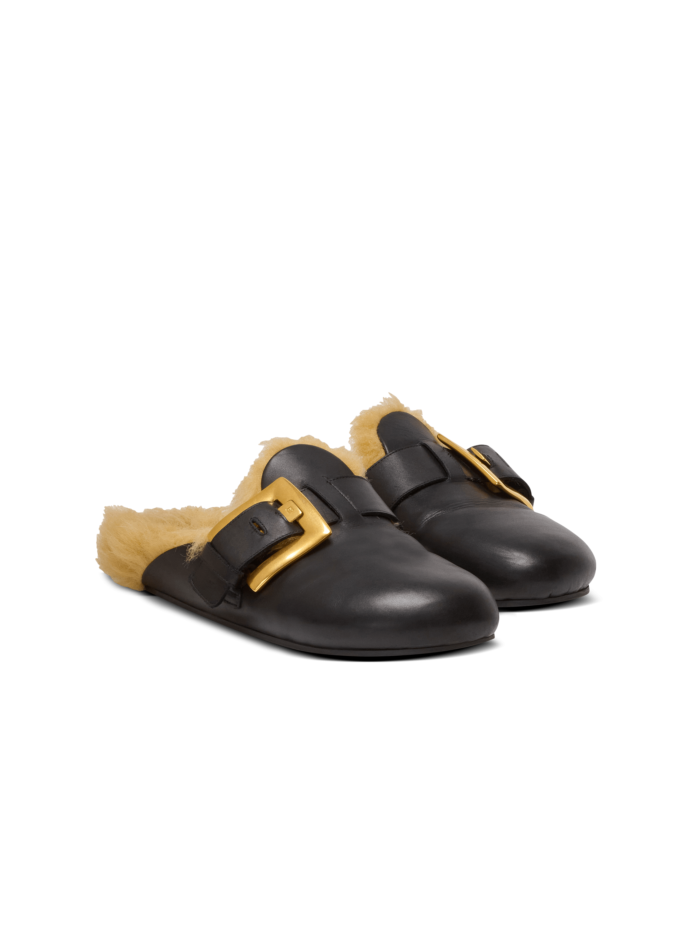 Flat leather and faux fur mules