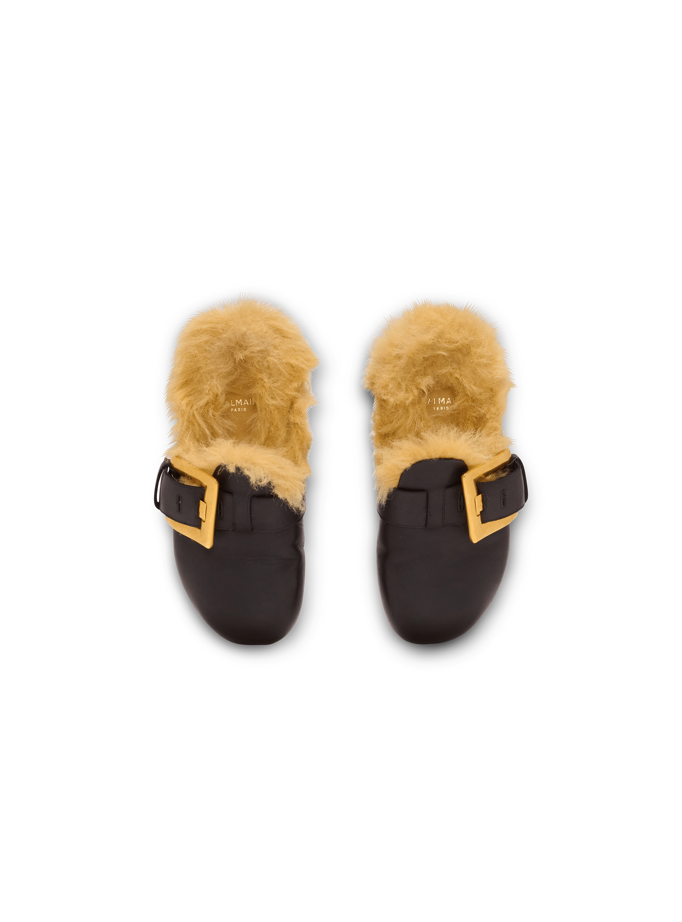 Flat leather and faux fur mules