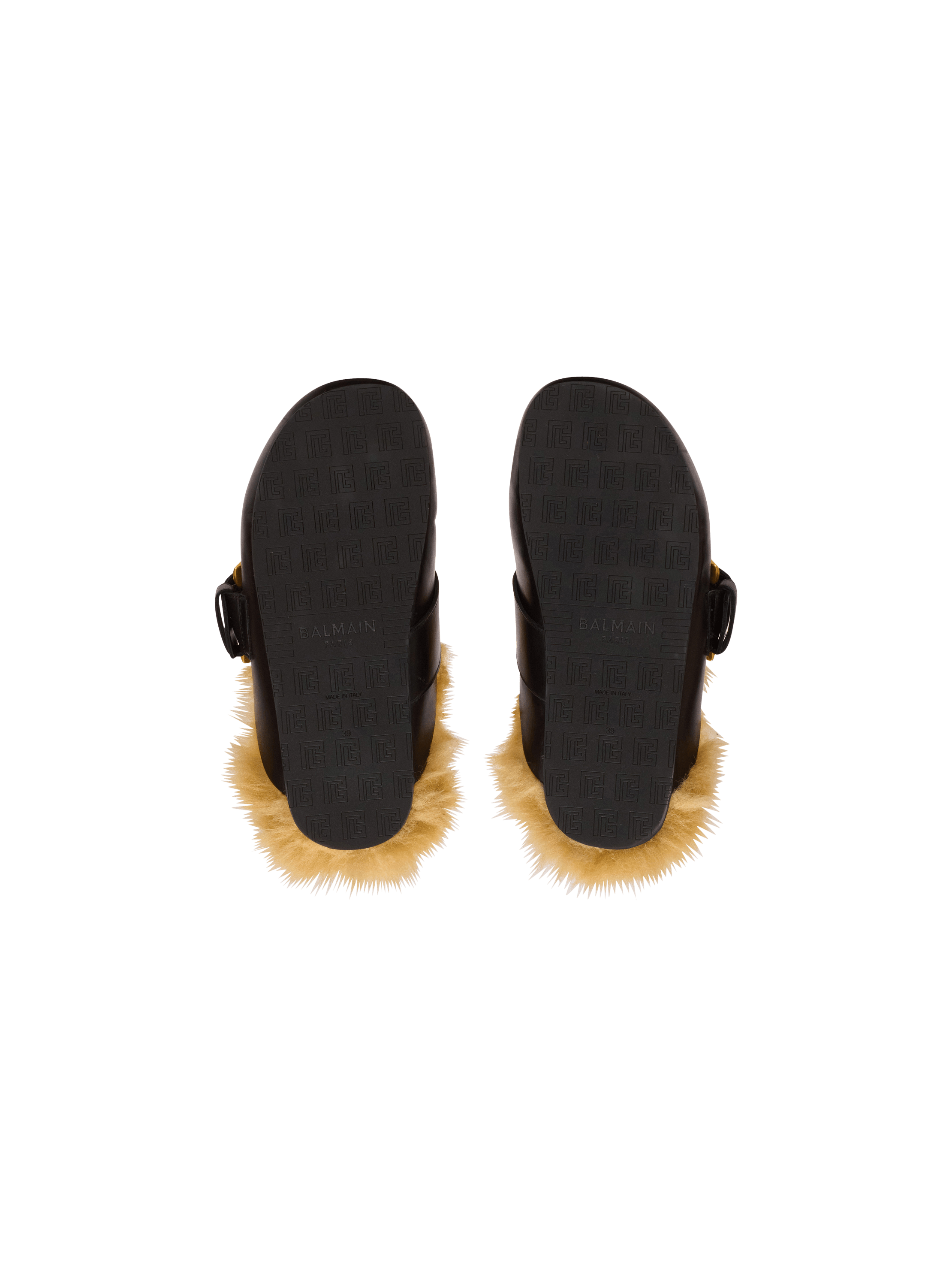 Flat leather and faux fur mules