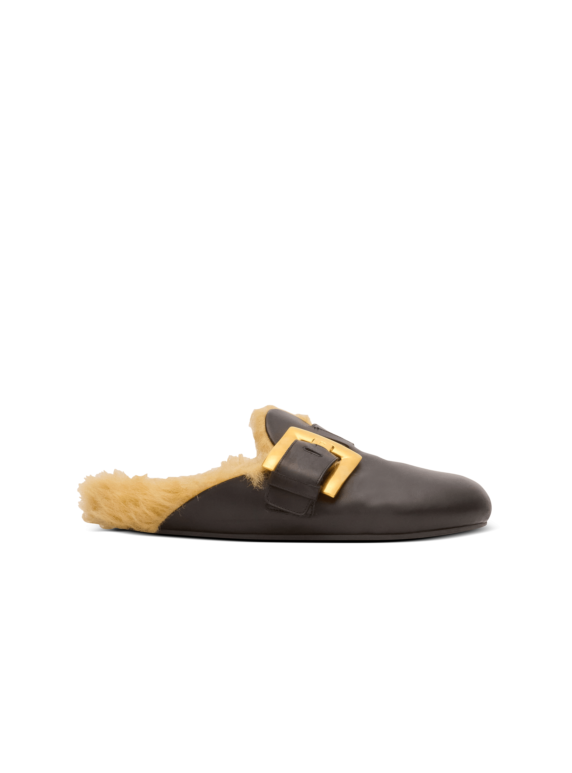 Flat leather and faux fur mules