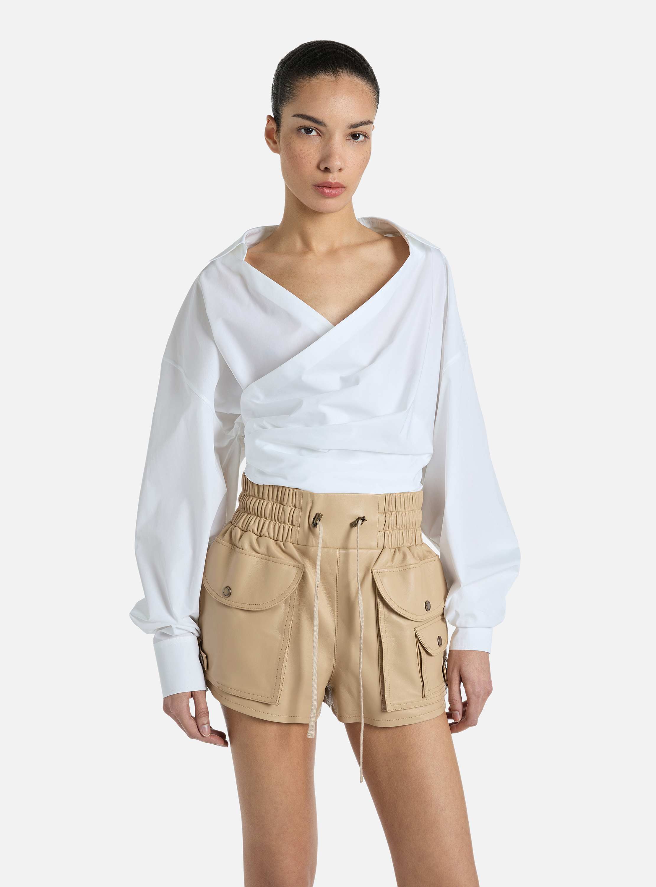 Chemise drap&eacute;e en popeline de coton