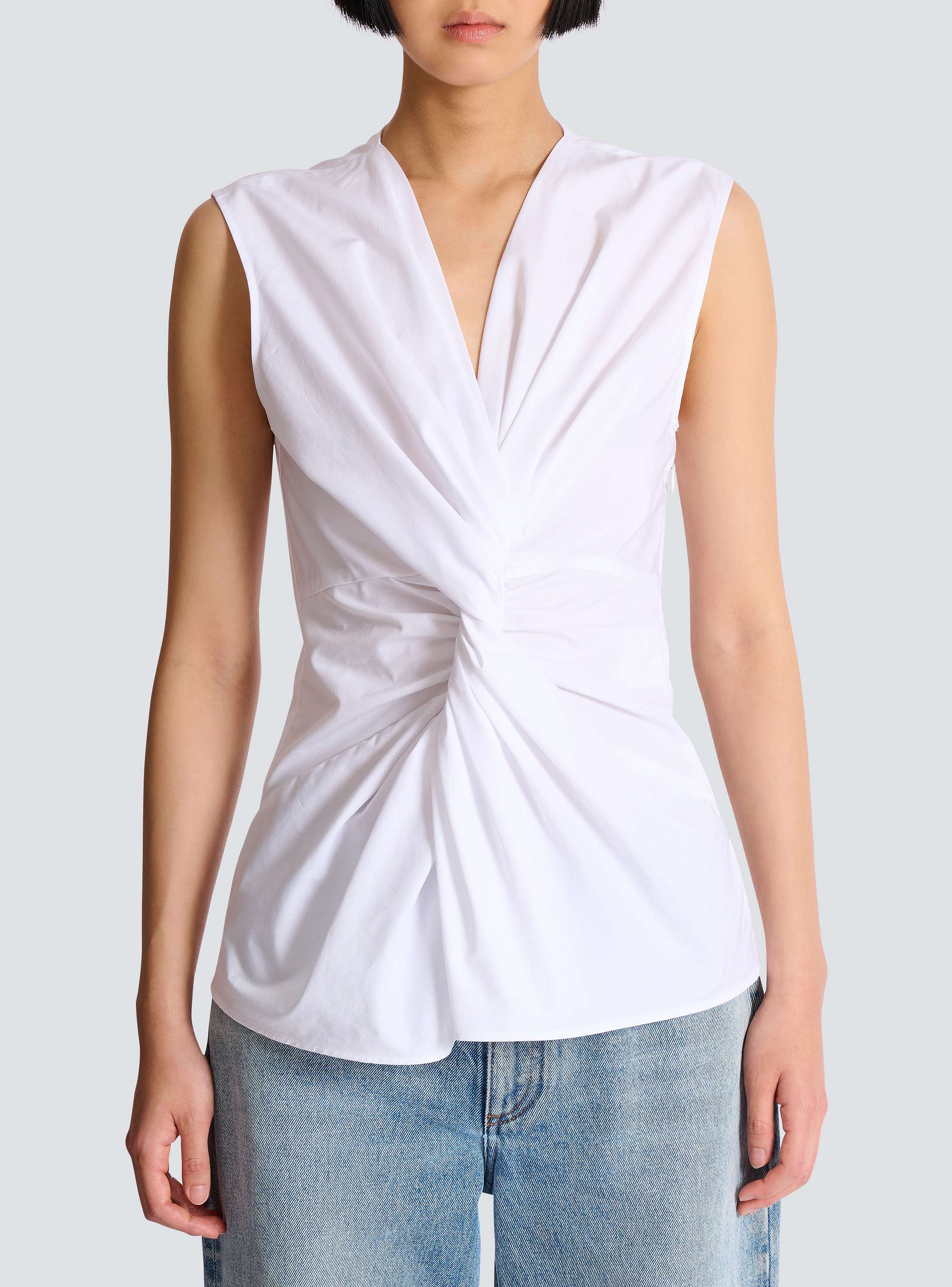 Draped sleeveless cotton poplin shirt