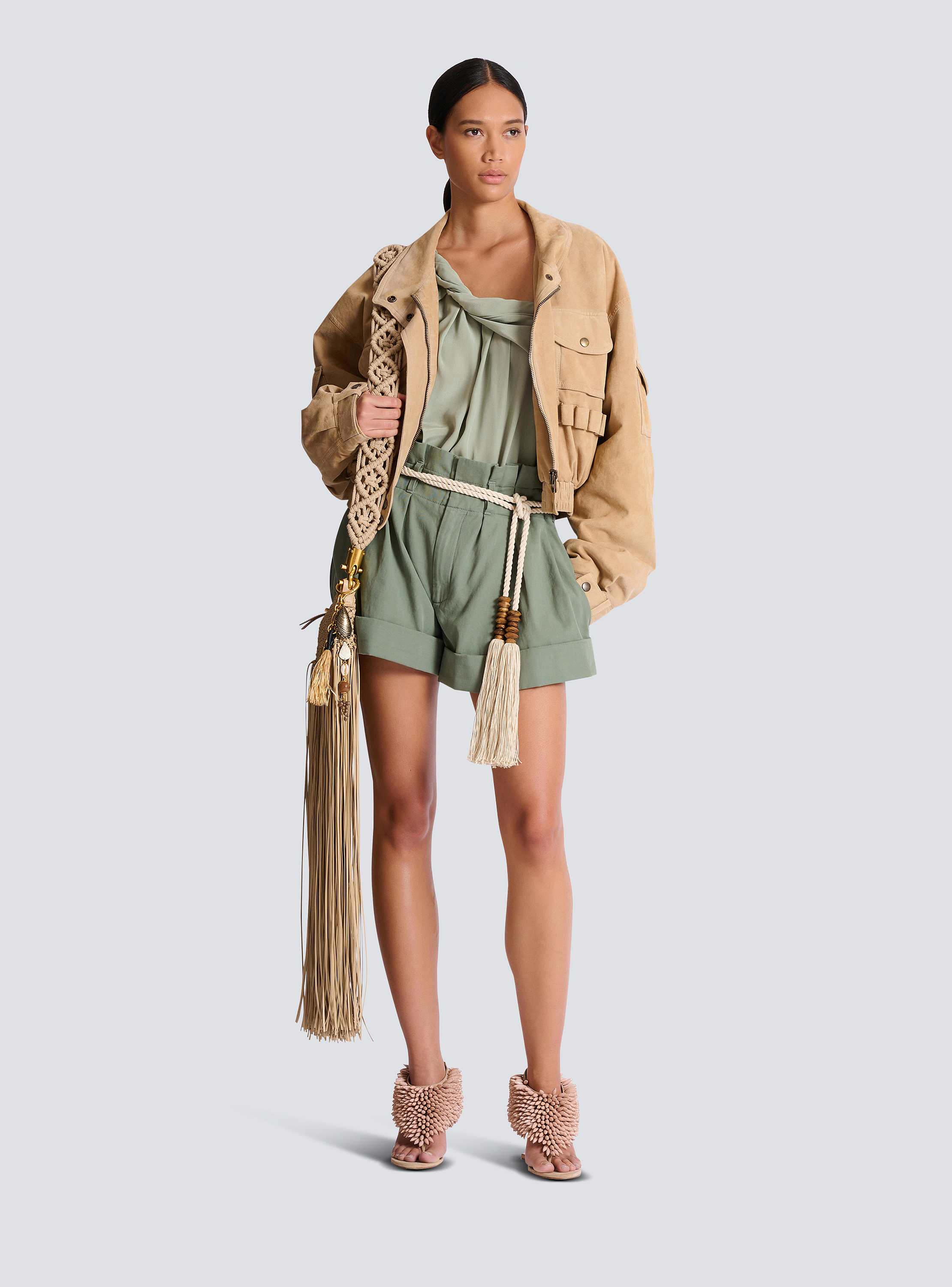 Cotton gabardine high-waisted shorts