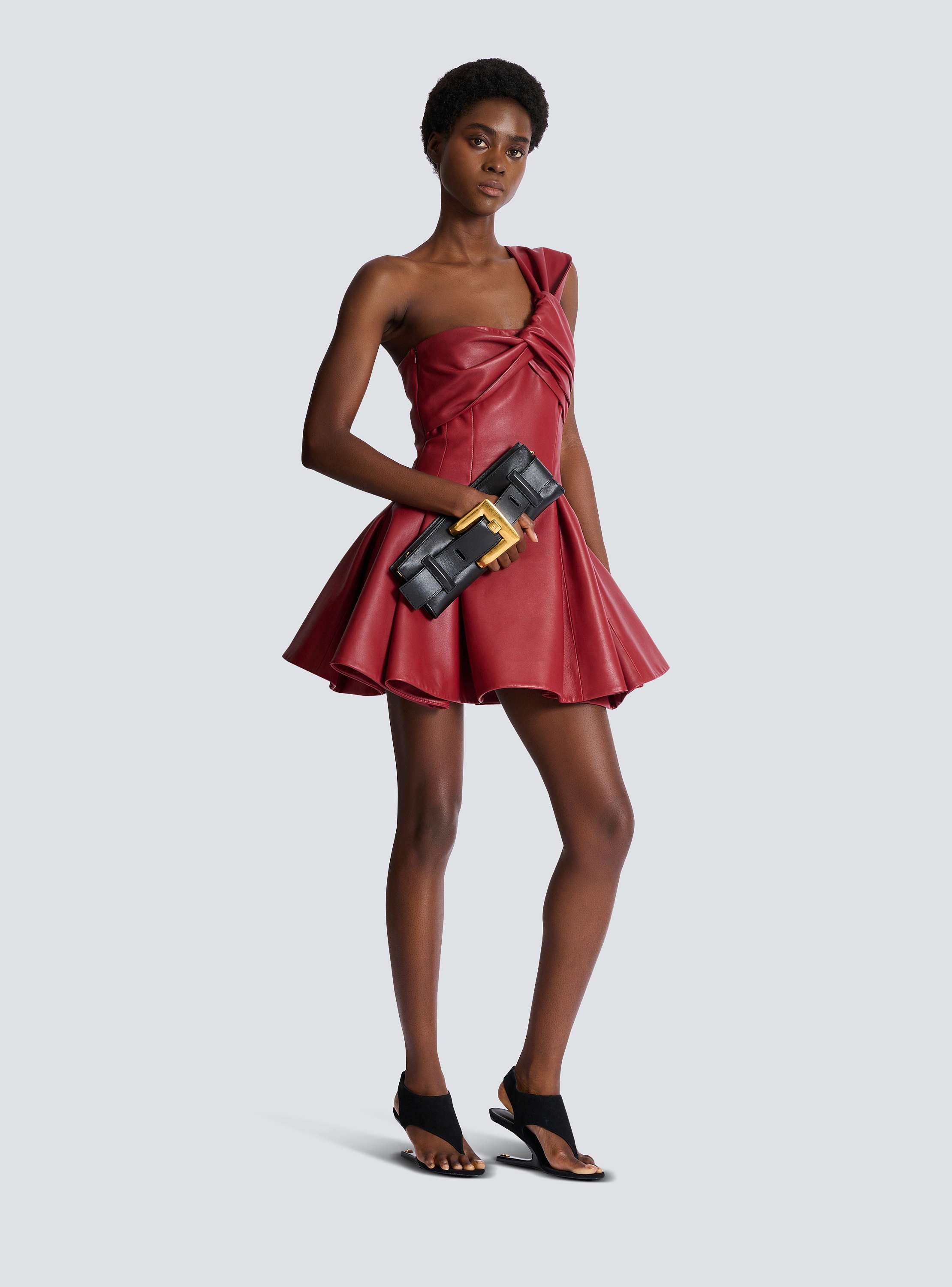Smooth leather one-shoulder dress