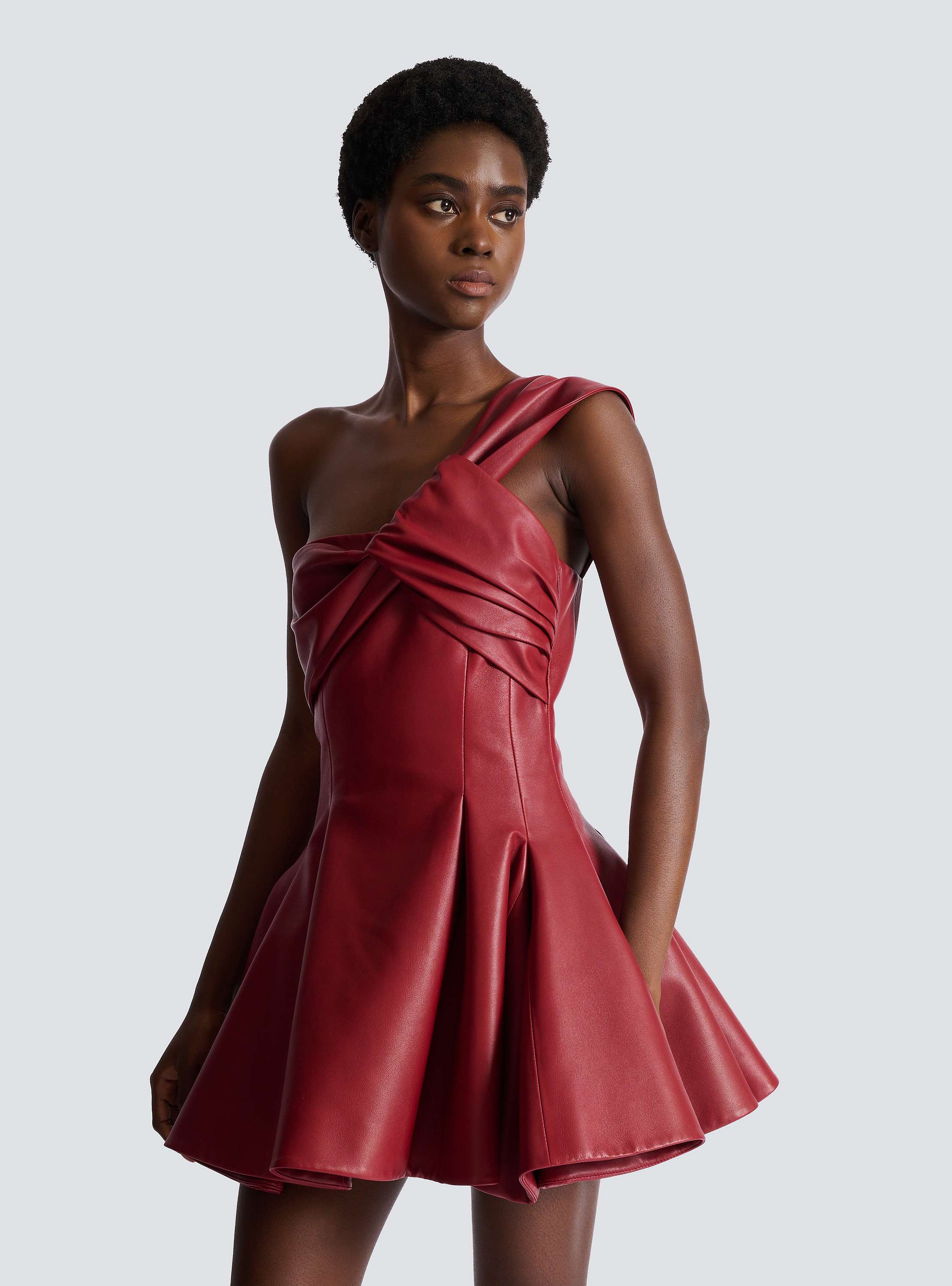 Smooth leather one-shoulder dress