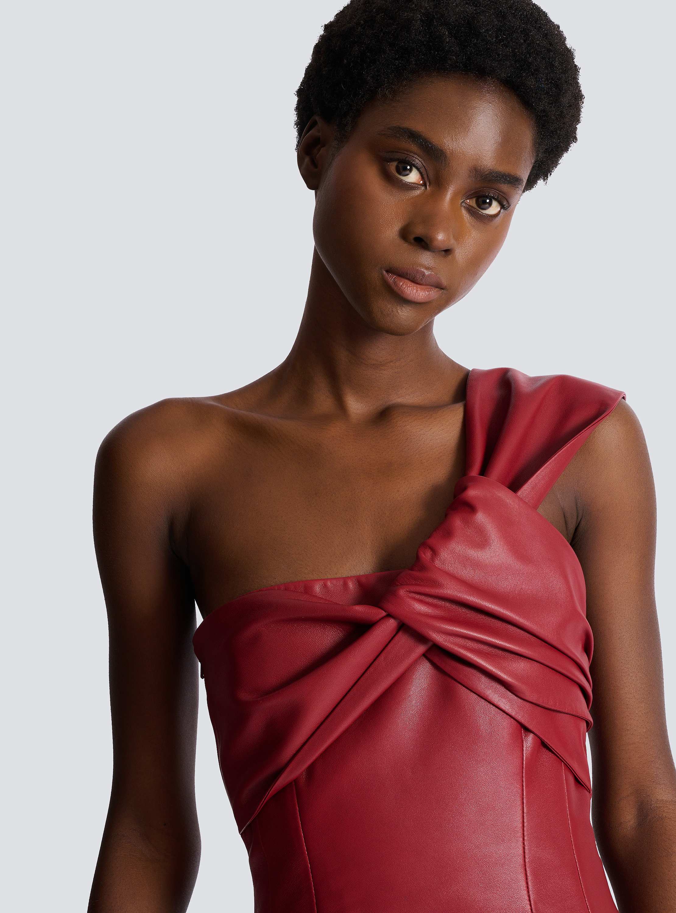 Smooth leather one-shoulder dress