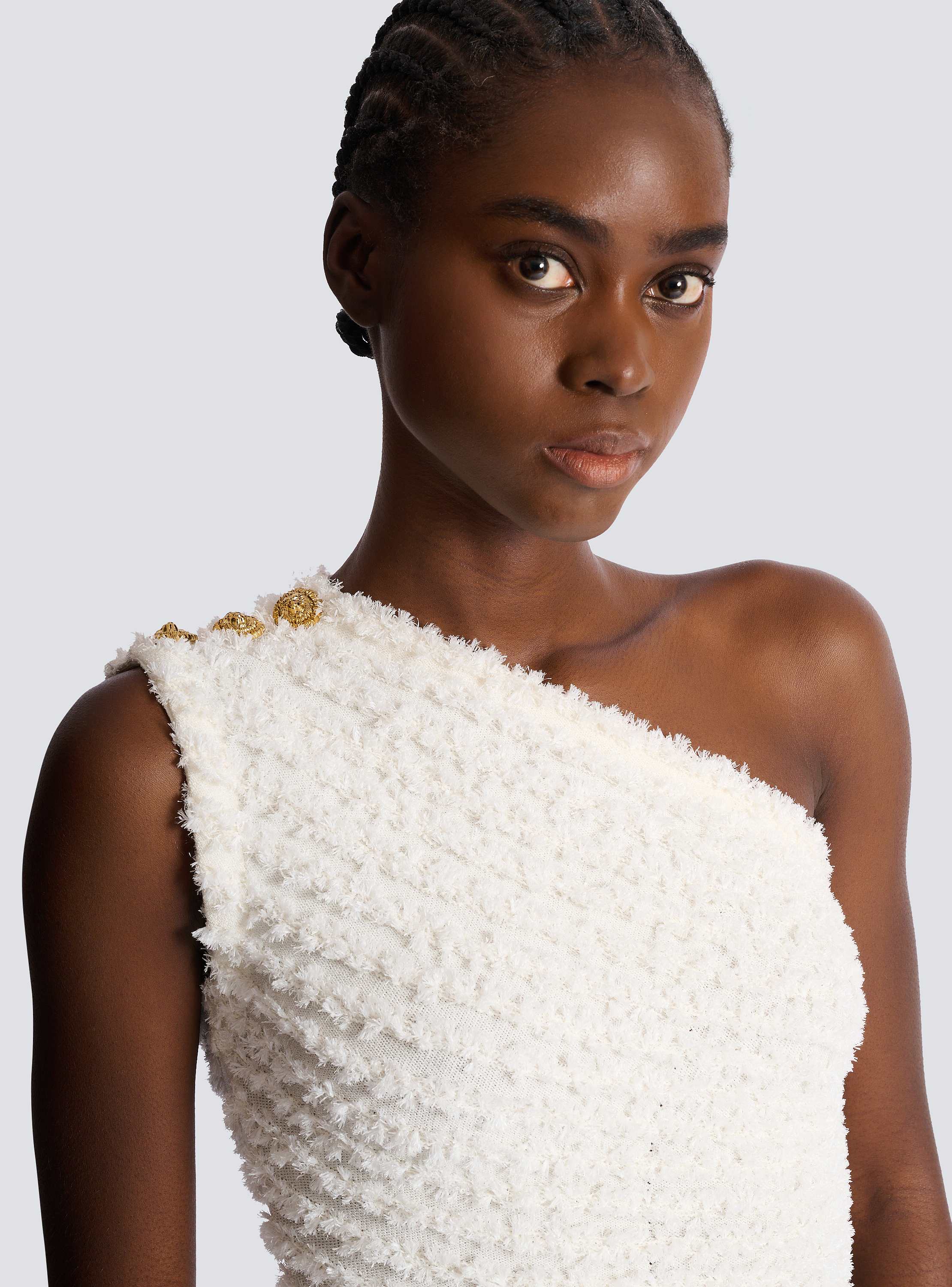 Dotted tweed one-shoulder dress