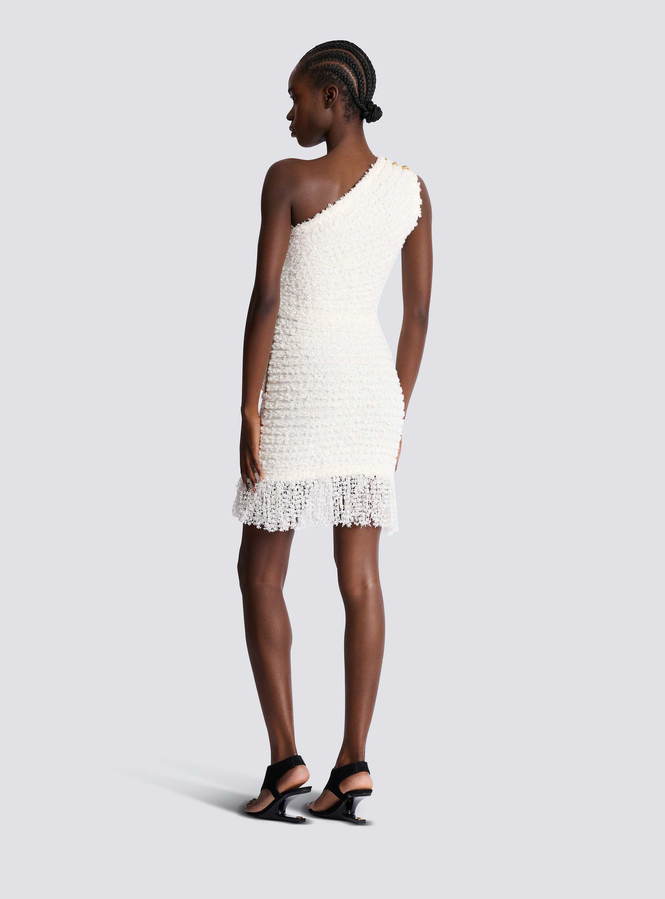 Dotted tweed one-shoulder dress